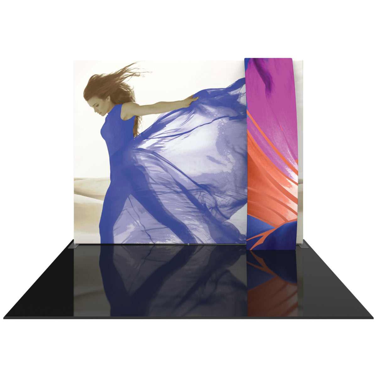 Fabric backwall display featuring large printed image of woman with flowing dress for trade shows and exhibitions