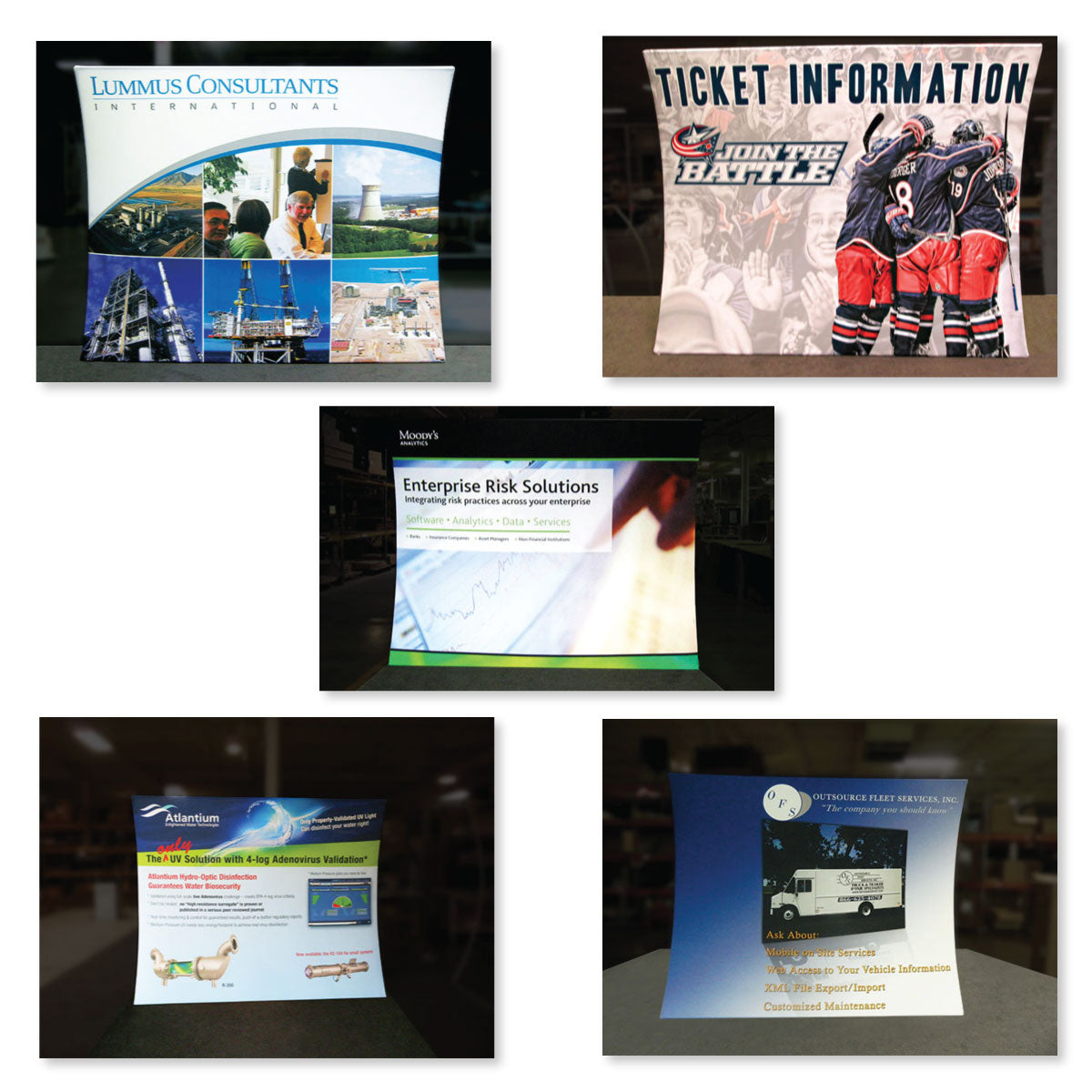 Curved fabric trade show displays with graphics for consulting, sports ticket info, risk solutions, UV disinfection, and fleet services