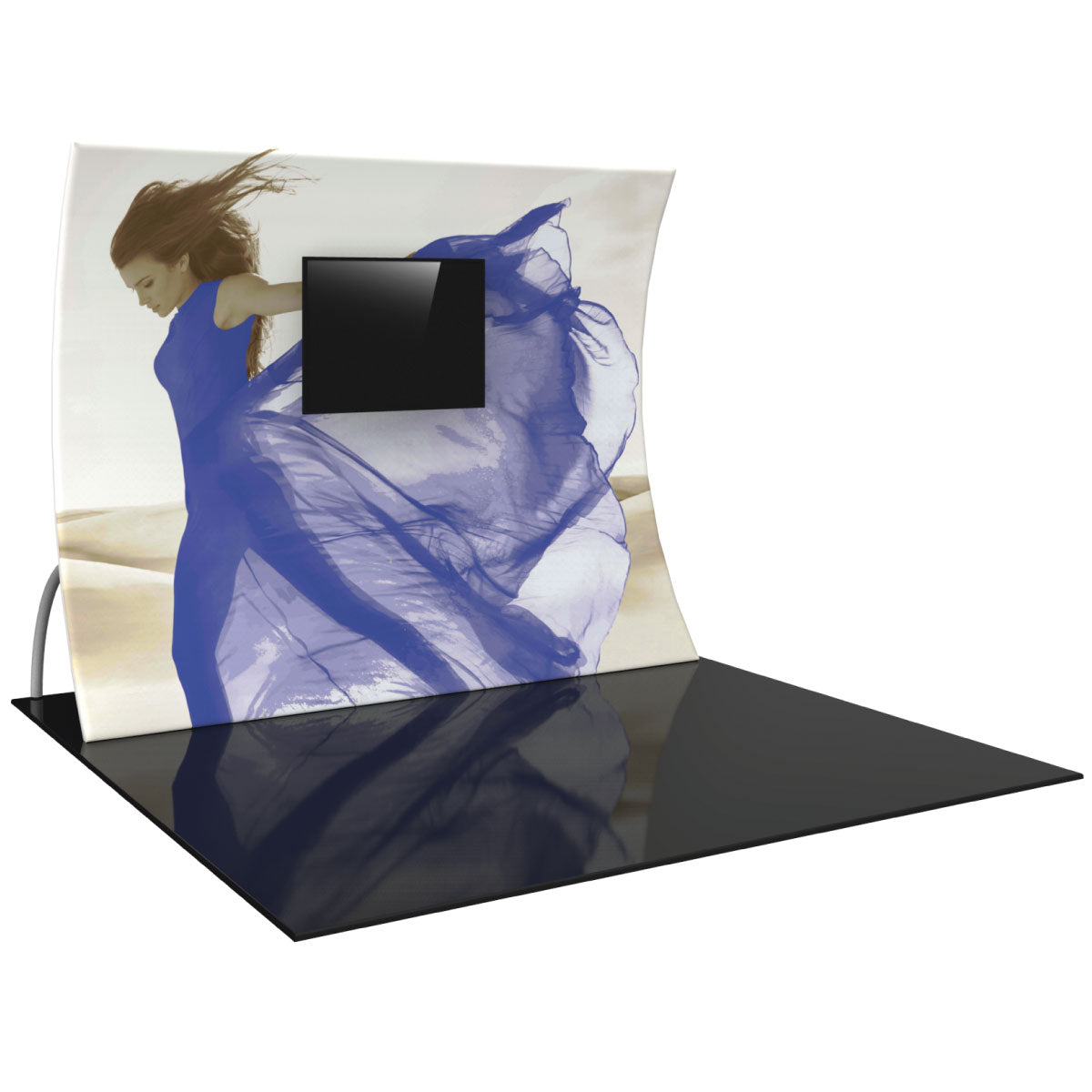 Curved trade show display with fabric graphic and integrated monitor for exhibitions and events