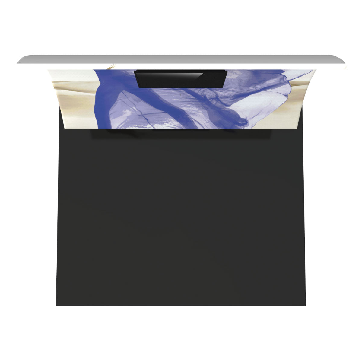 Curved 10ft trade show counter with graphic wrap and black top for exhibitions and events