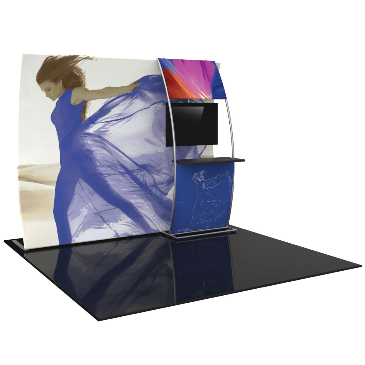 Curved trade show display with large graphic backdrop and built-in monitor for exhibitions and events