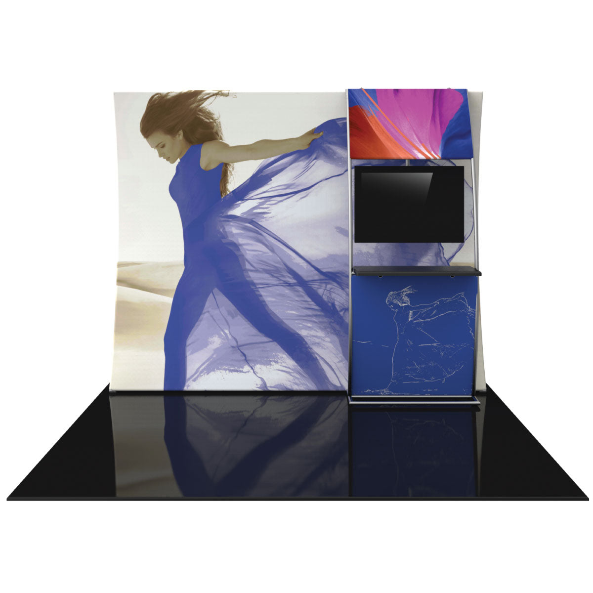 Trade show display featuring large curved fabric backdrop with dancer image and attached monitor kiosk