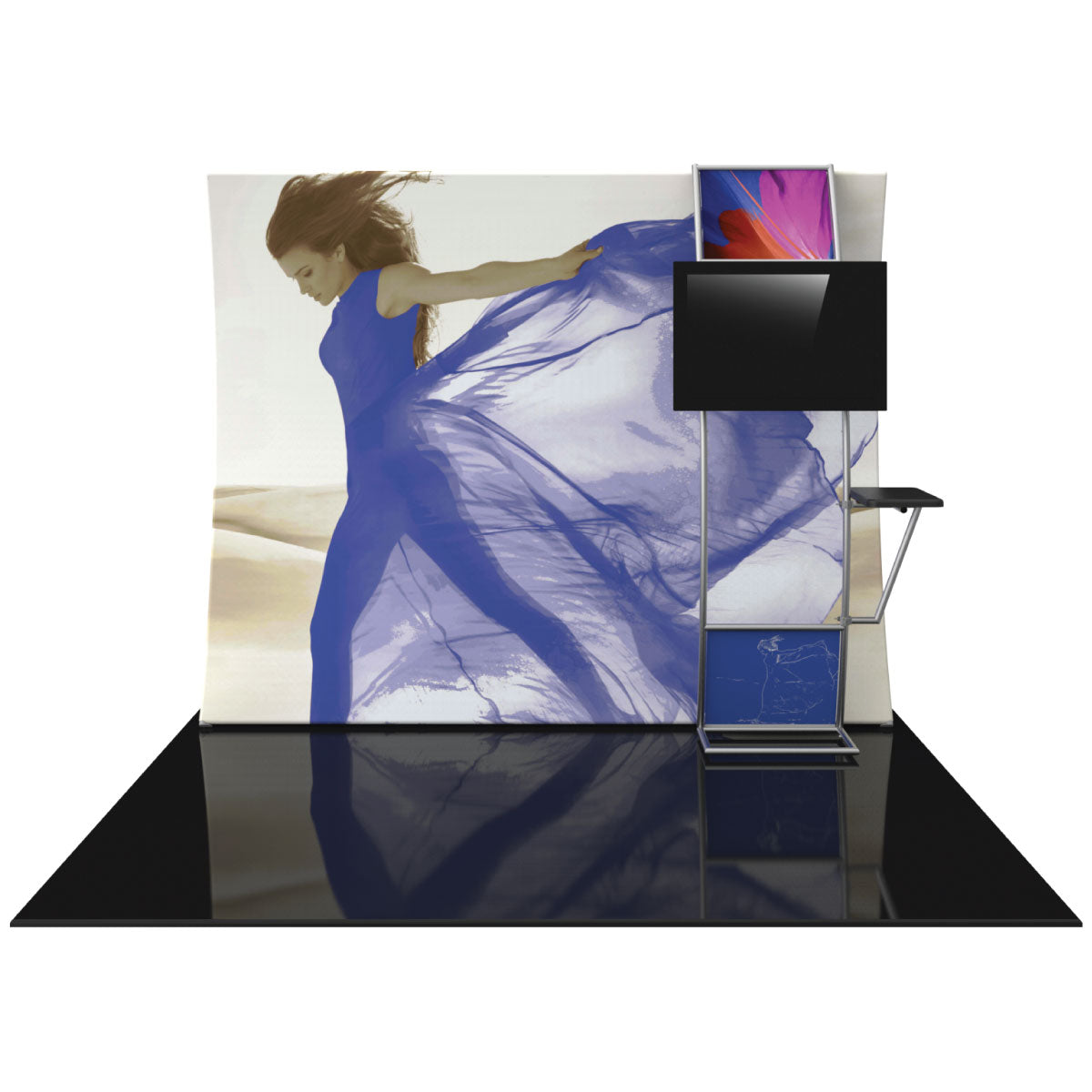 Trade show exhibit with large fabric graphic and integrated monitor stand for exhibitions and events