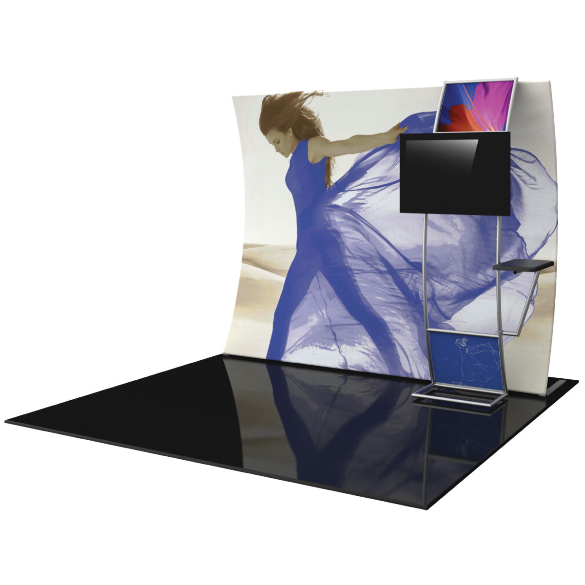 Curved trade show display with large fabric graphic of dancing woman and integrated monitor stand