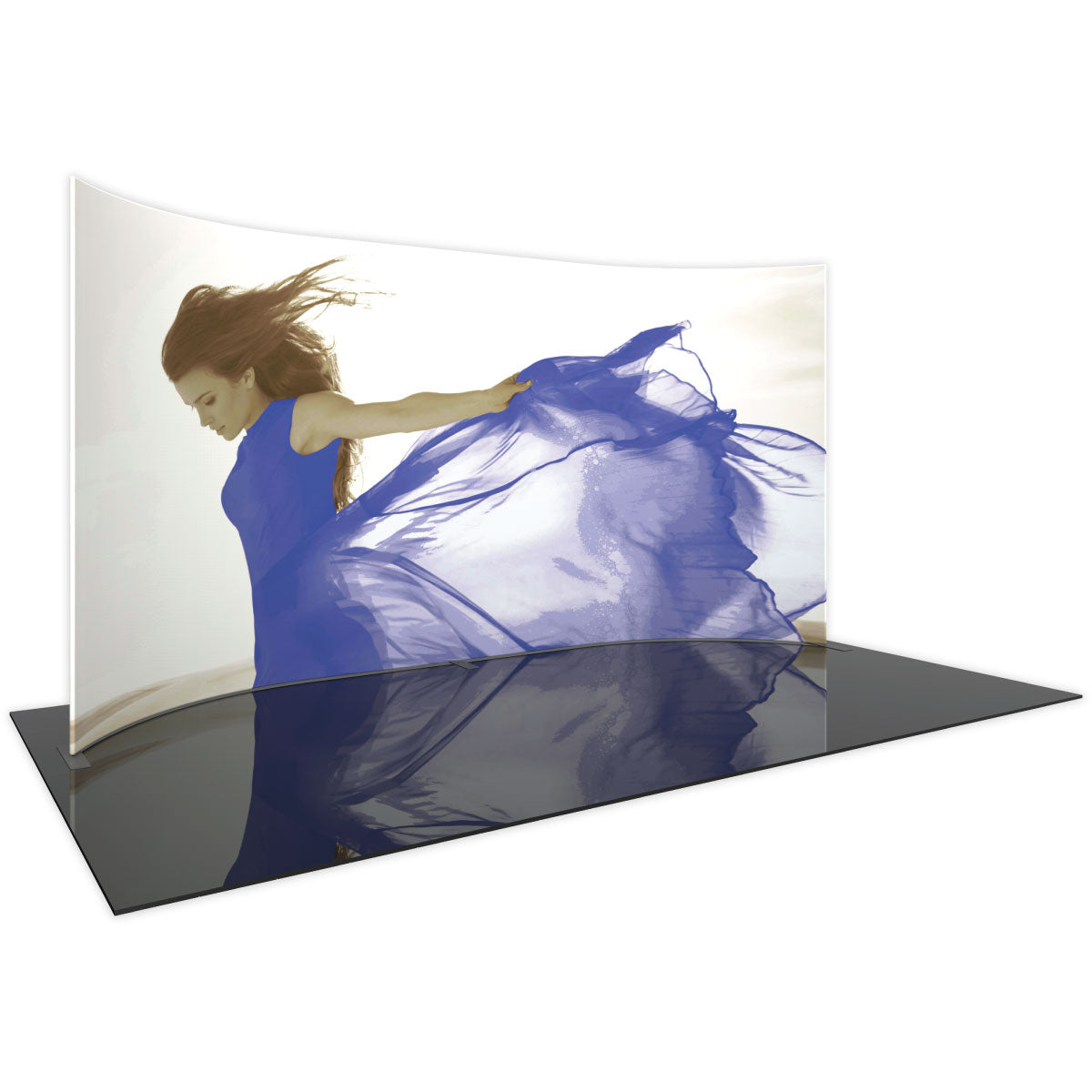 Curved trade show display featuring large graphic of woman with flowing fabric, ideal for exhibitions