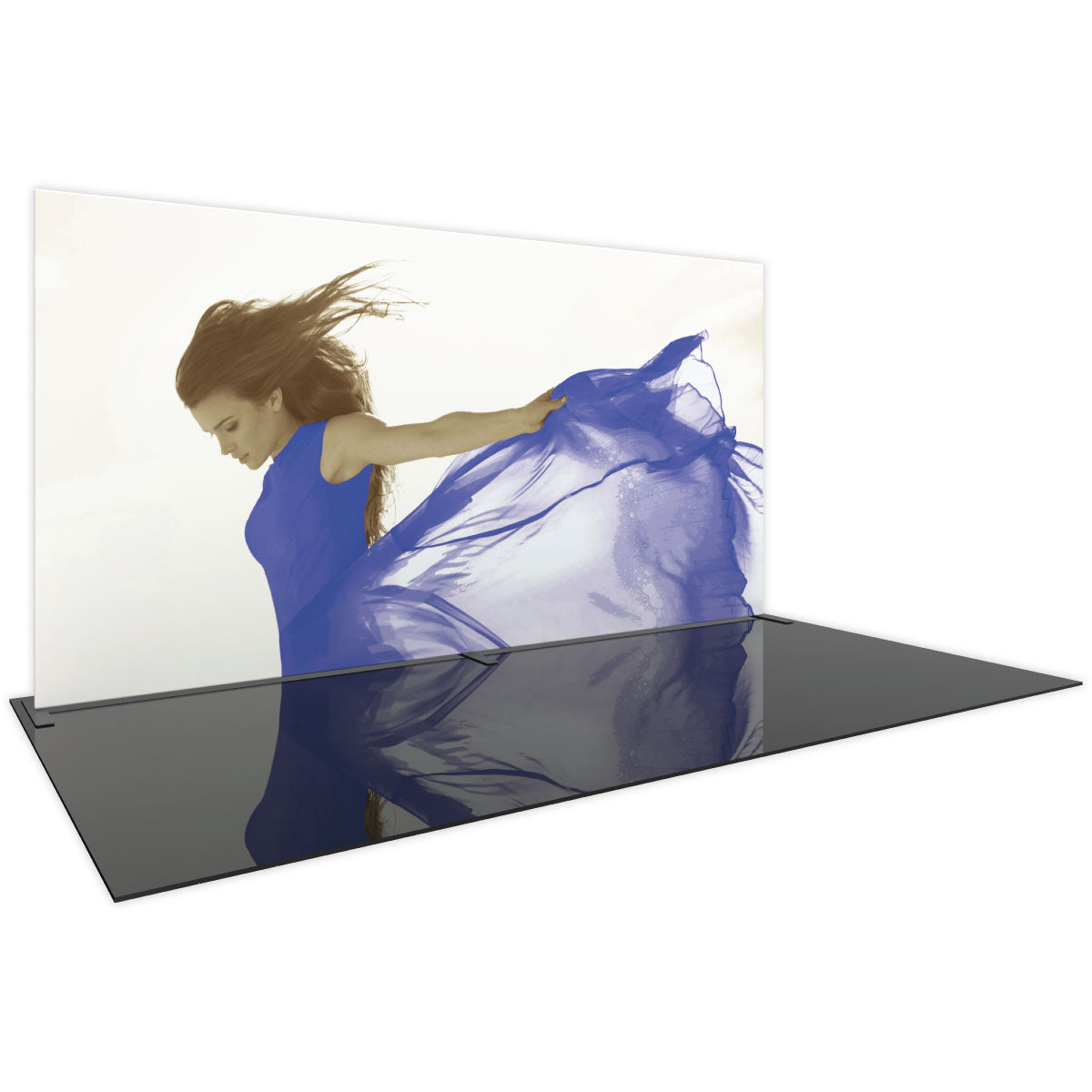 Large straight fabric display with dress image for trade shows and exhibition booths