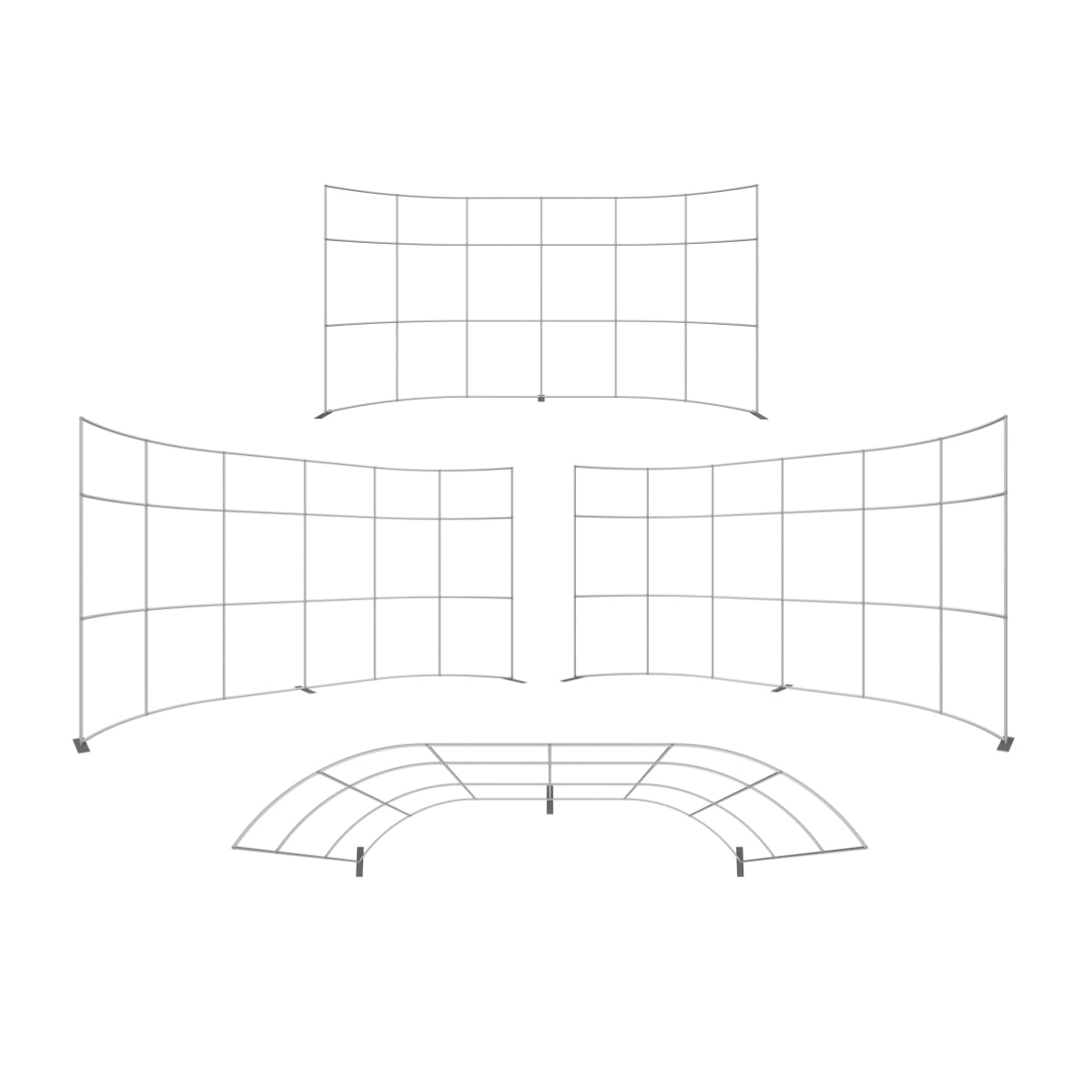 Metal frame structures for curved trade show, exhibition, and event display setups