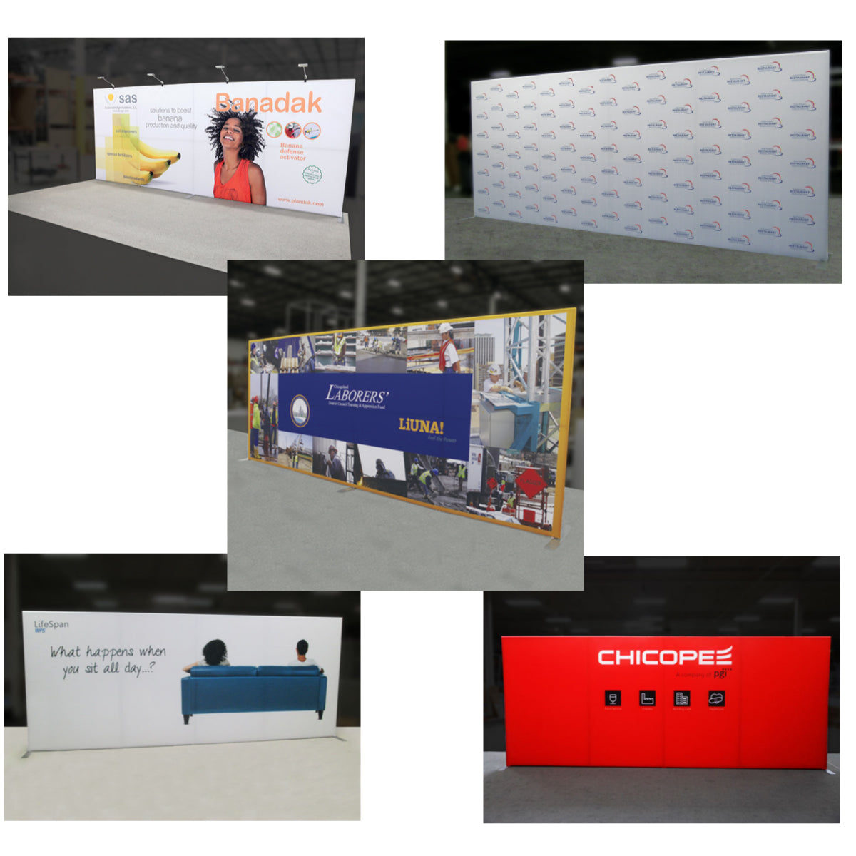 Modular trade show display walls showcasing branded graphics for exhibitions and special events