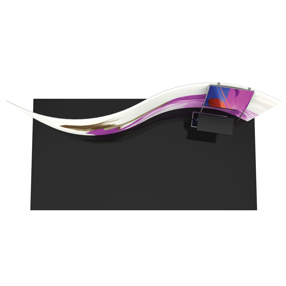 Serpentine trade show display with curved backdrop and integrated monitor stand for exhibitions