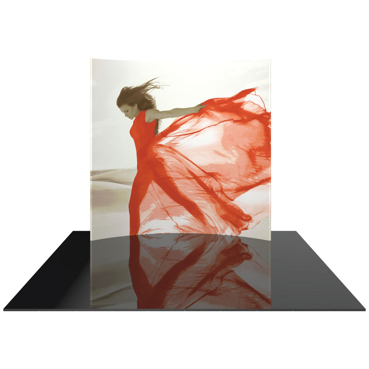 Curved fabric trade show display featuring a dynamic woman image for exhibitions and special events