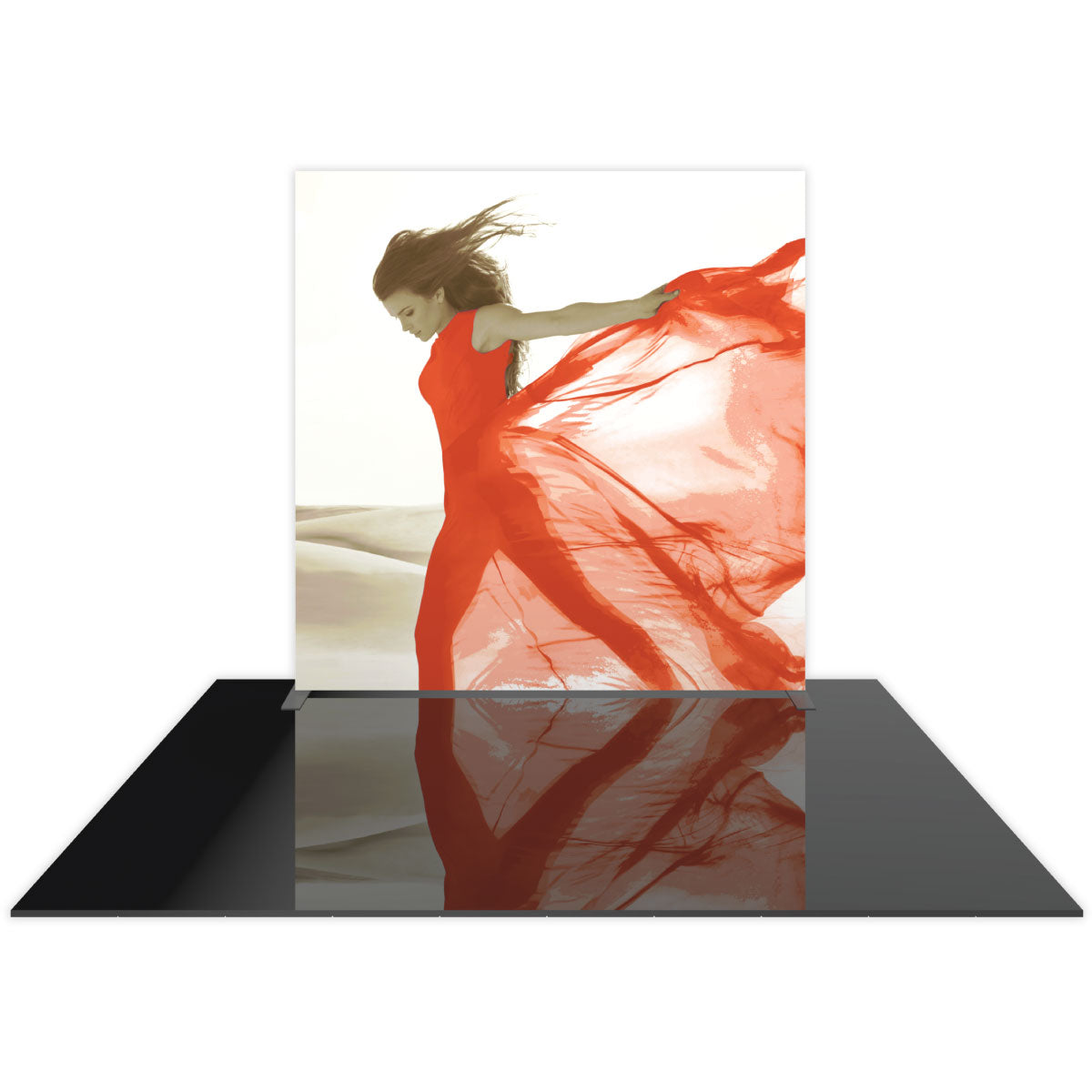 Straight fabric trade show display with artistic image of woman and flowing fabric for exhibitions