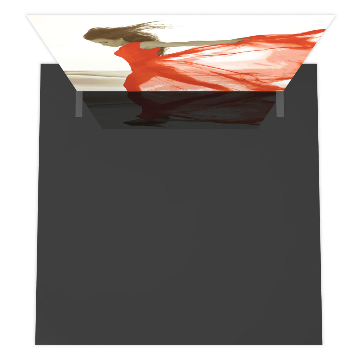 Straight fabric display stand showcasing flowing dress image for trade shows and exhibitions