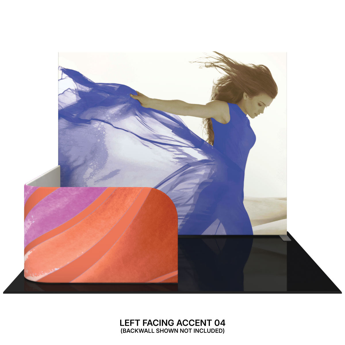 Curved fabric trade show accent display with colorful abstract design for exhibitions and special events