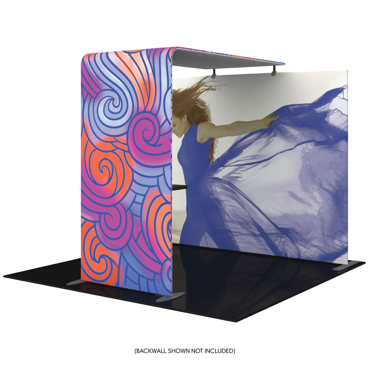 Trade show fabric display booth with curved accent panel and overhead canopy for exhibitions and special events