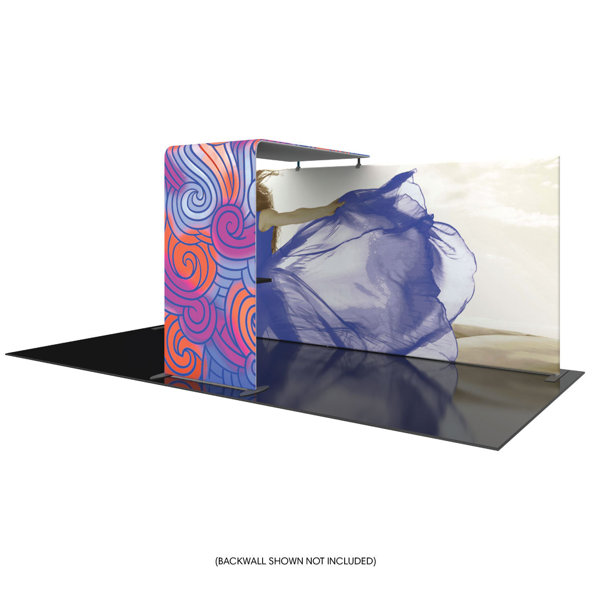 Trade show fabric display unit with curved canopy and vibrant print for exhibitions and events