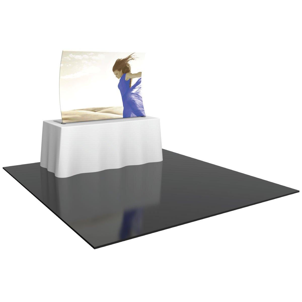 Tabletop display with graphic panel featuring a woman in flowing dress for trade shows and events