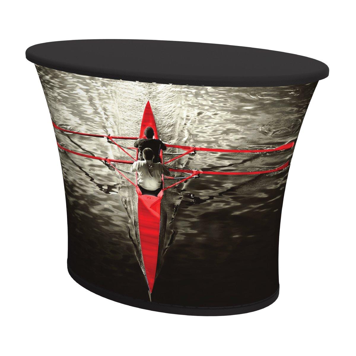 Oval trade show counter with custom printed graphic of two rowers in a boat on water for exhibitions and events