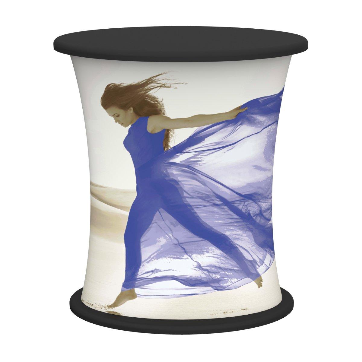 Curved trade show counter with fabric graphic of a woman walking on sand, ideal for exhibitions and events