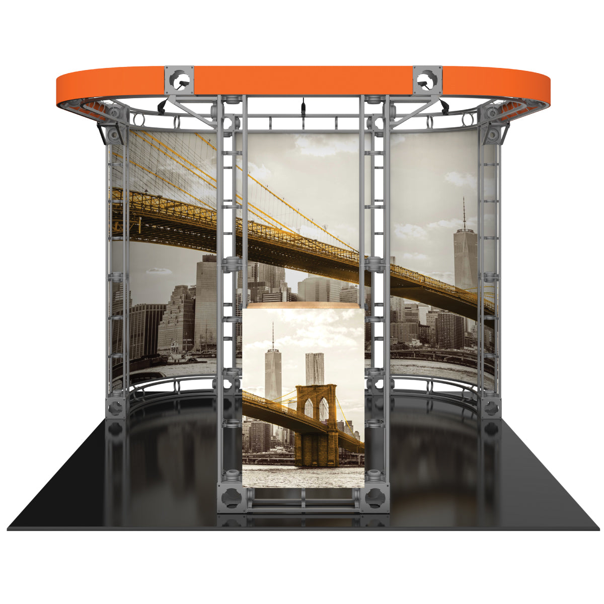 Modular truss display system featuring large curved and flat graphic panels for trade shows and exhibitions