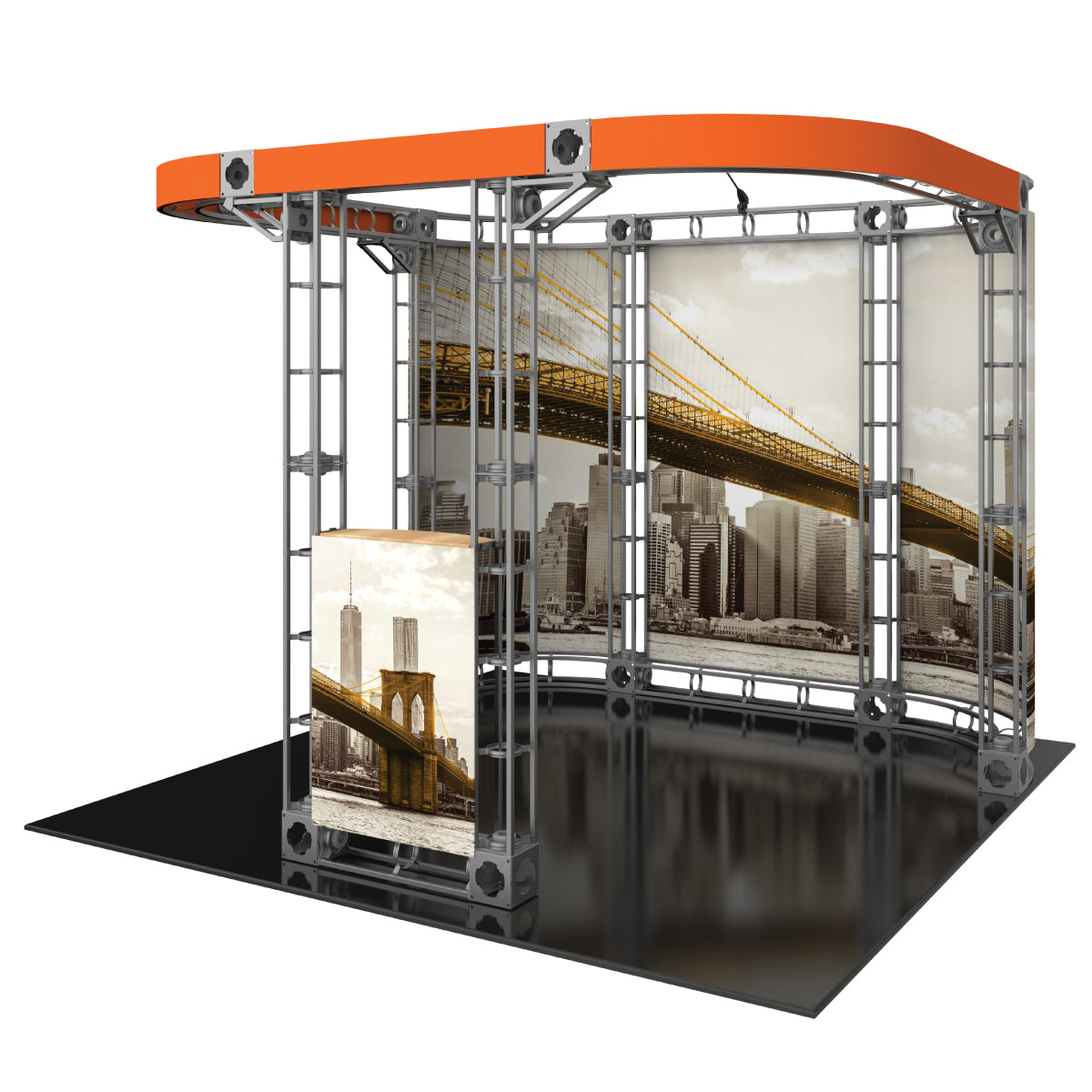 Modular truss display booth with large skyline and bridge graphics for trade shows and exhibitions