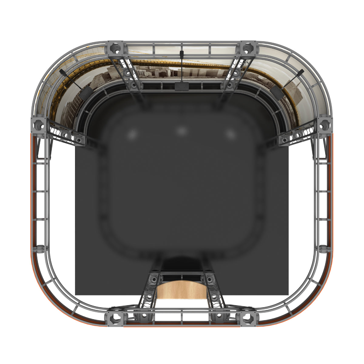 Overhead view of a modular truss display system for trade shows, featuring curved walls and integrated lighting