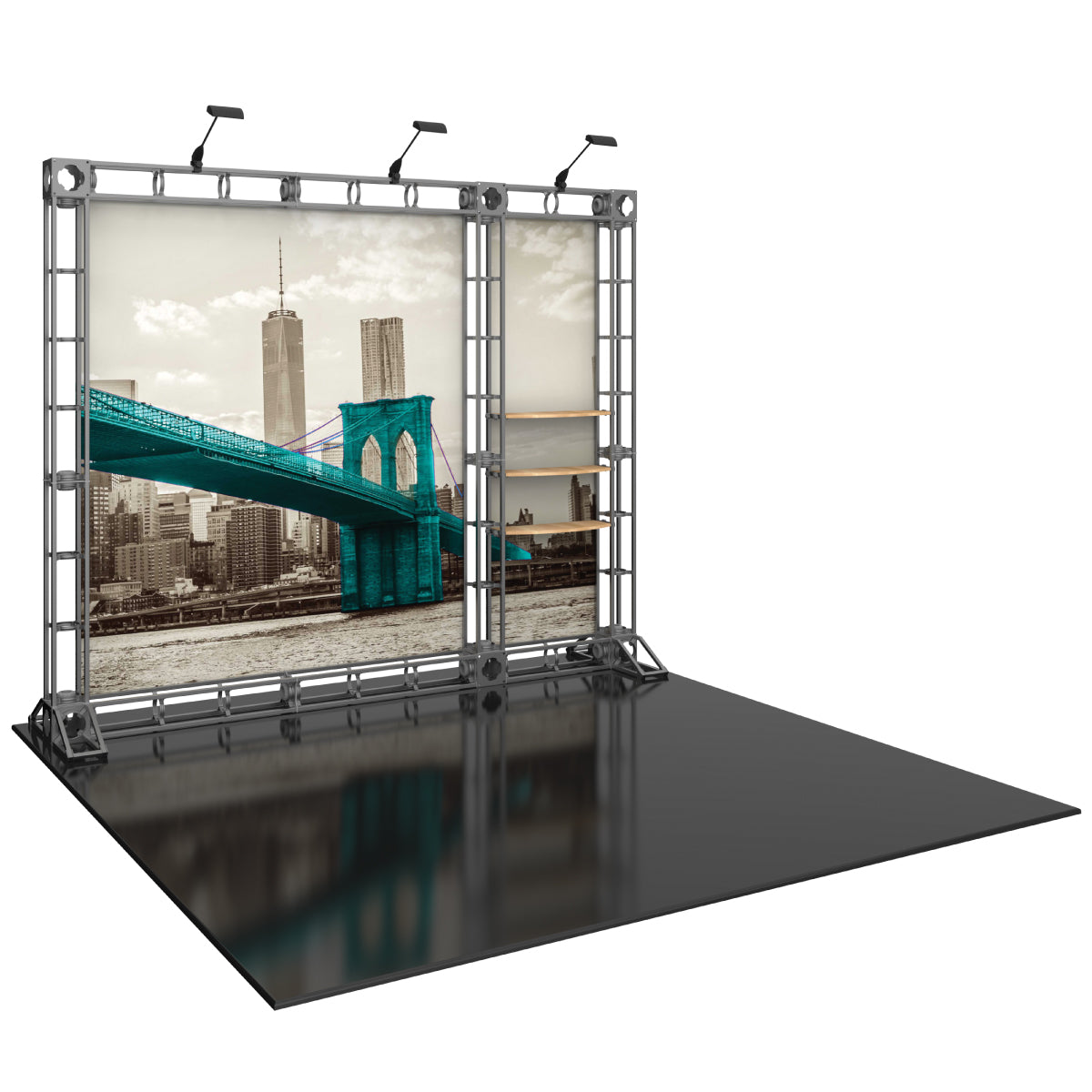 Trade show display with modular truss frame, cityscape backdrop, spotlights, and shelves for exhibitions