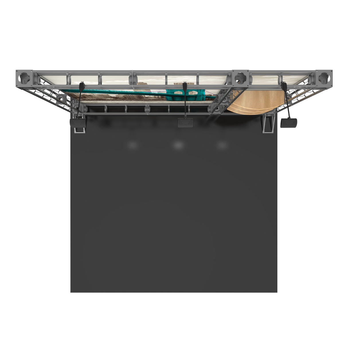 Trade show display with overhead lighting and structural framework for exhibitions and special events