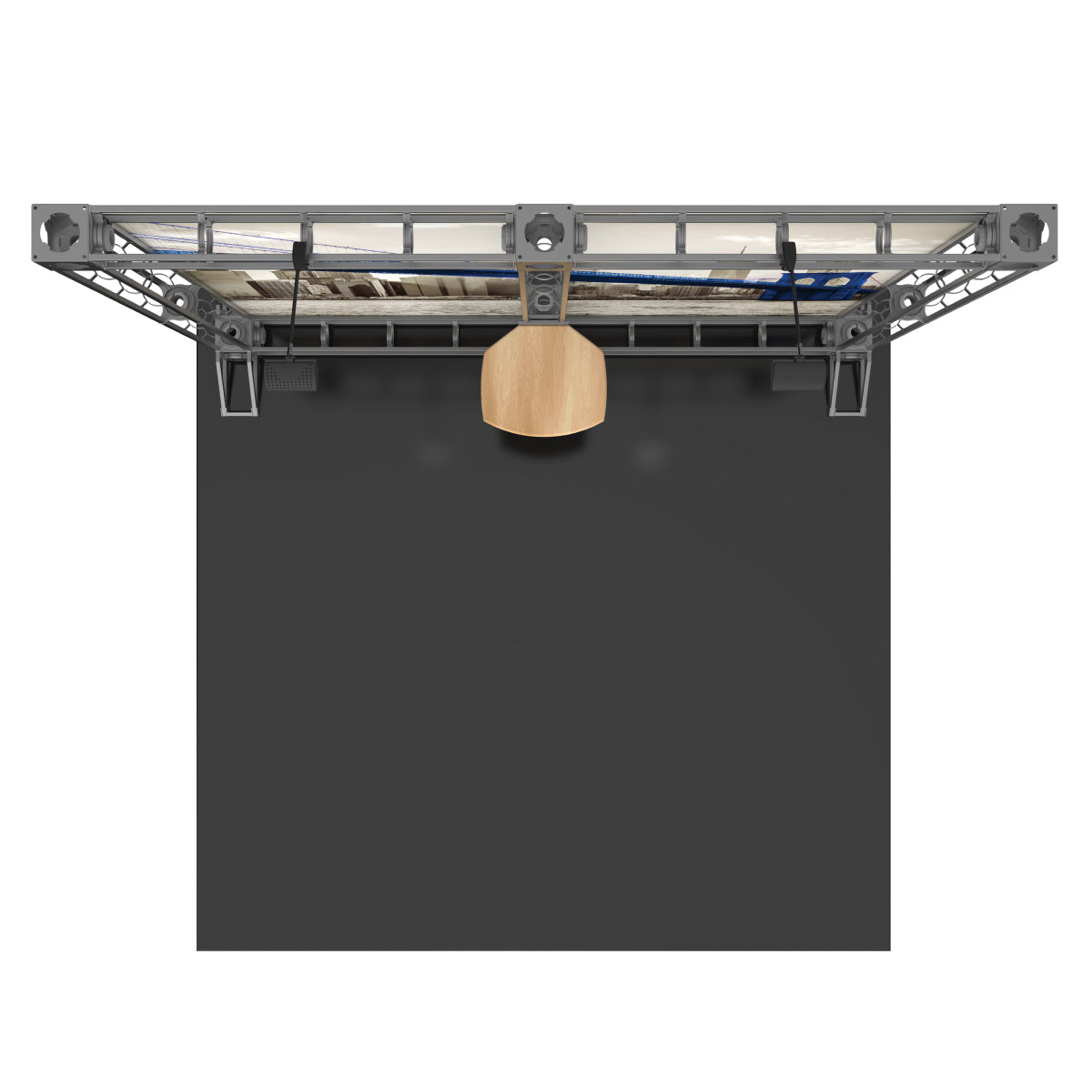 Overhead view of a modular truss display with a branded backdrop and podium for trade shows and exhibitions