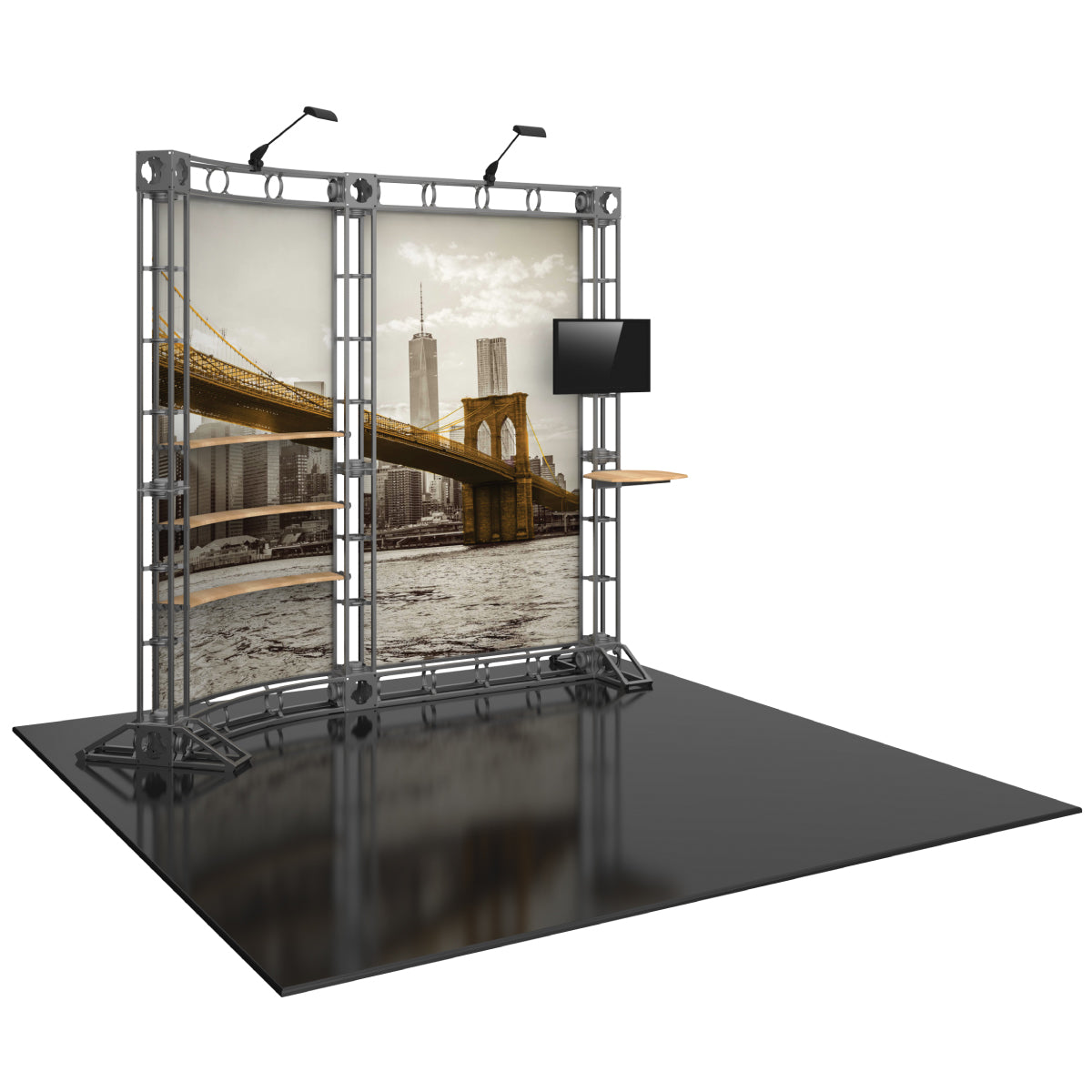 Trade show display with curved truss structure, graphic panels, shelves, and mounted monitor