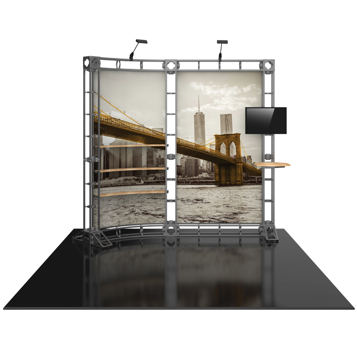 Trade show display with curved truss frame, large graphic panels, mounted monitor, and shelves