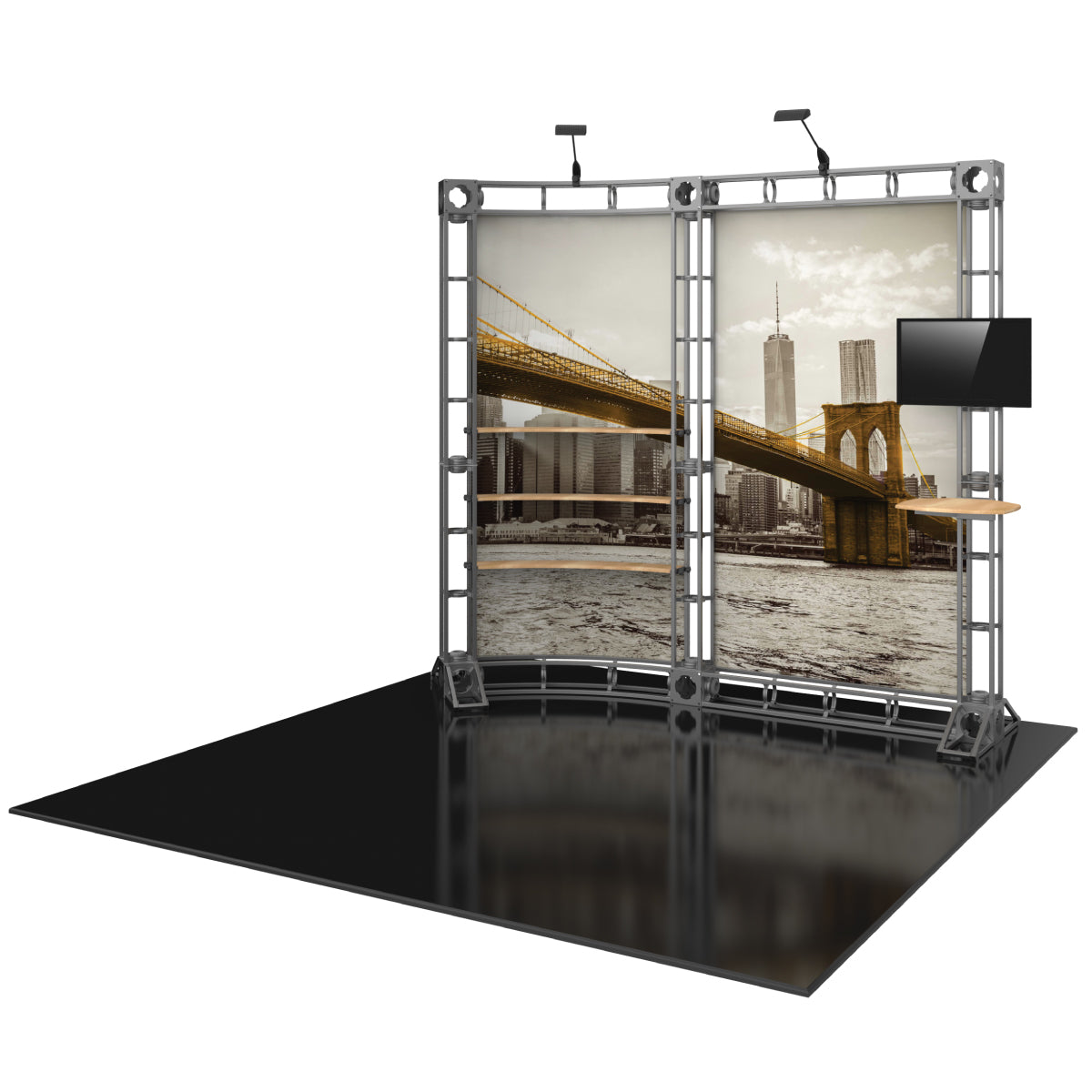 Exhibition display with modular truss system featuring cityscape backdrop, shelves, monitor, and spotlight