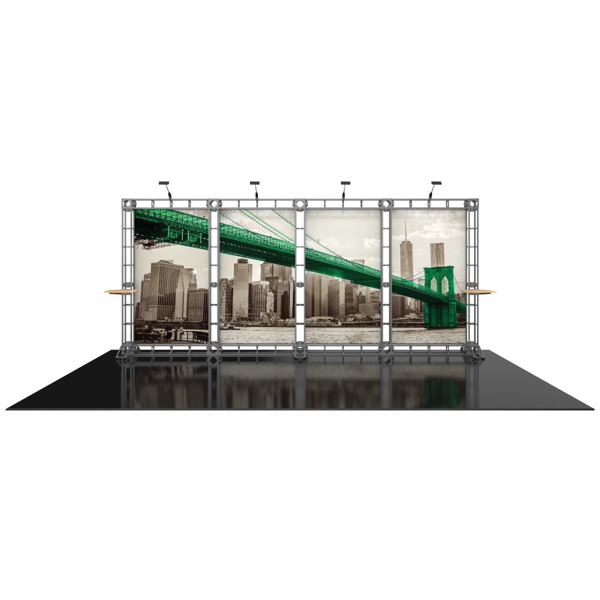 Trade show display frame showcasing multi-panel cityscape graphic with overhead lights and side shelves