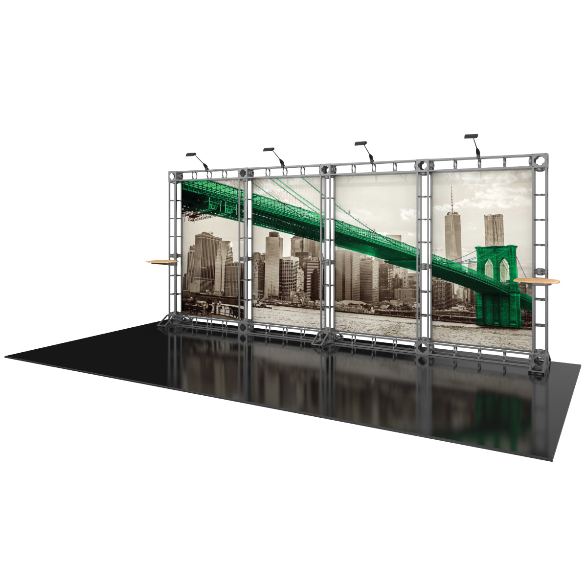 Modular trade show display with truss frame and large cityscape graphics for exhibitions and events