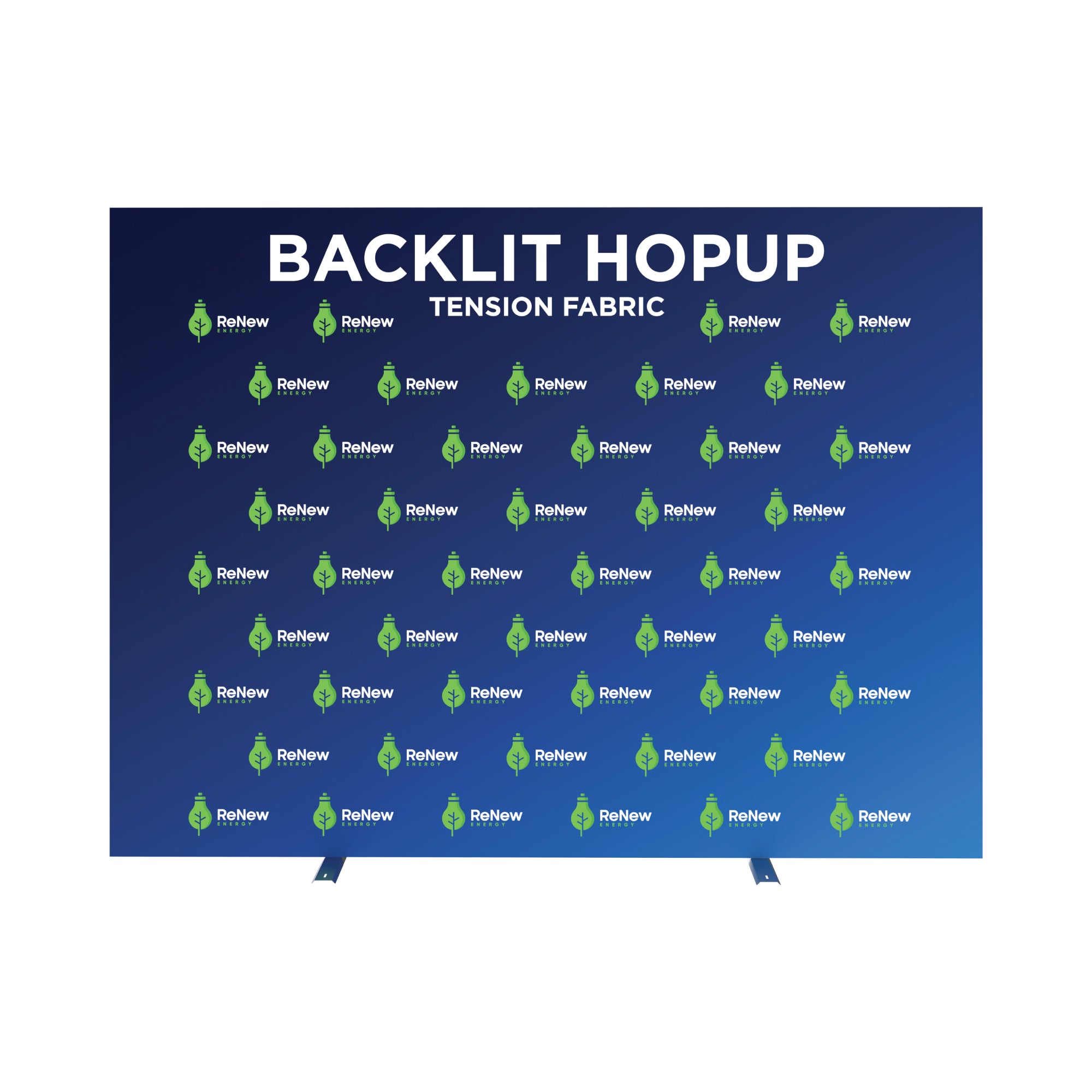 Backlit hopup tension fabric display with repeated logo pattern for trade shows and exhibitions