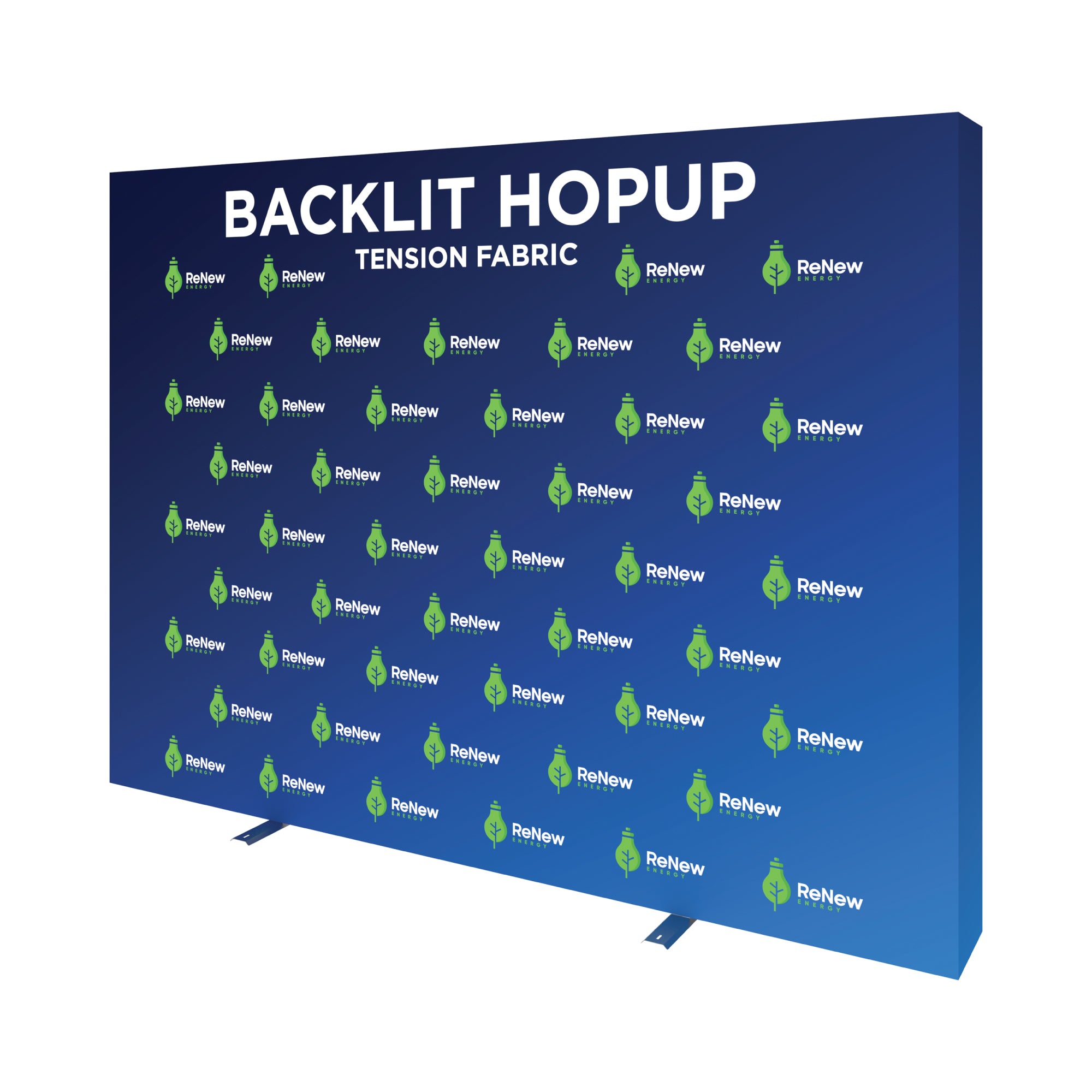 Backlit hopup tension fabric display featuring ReNew Energy branding for trade shows and exhibitions