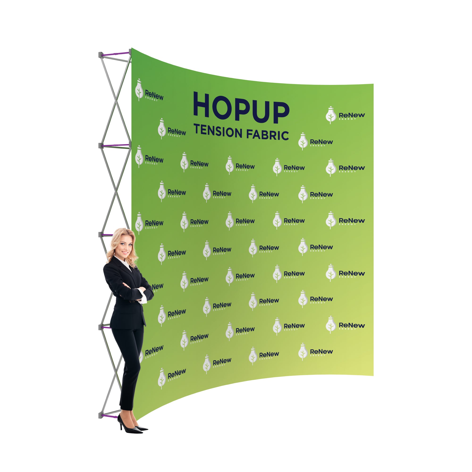 Trade show tension fabric backdrop display with branding, showcased by businesswoman at exhibition