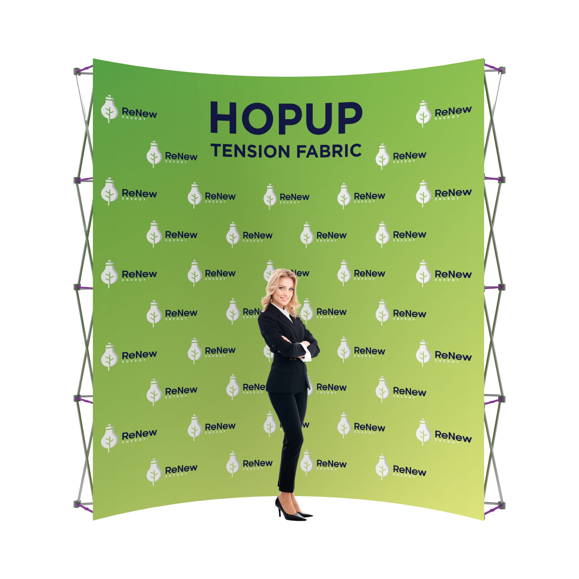 Tension fabric trade show backdrop with ReNew Energy branding and businesswoman standing in front
