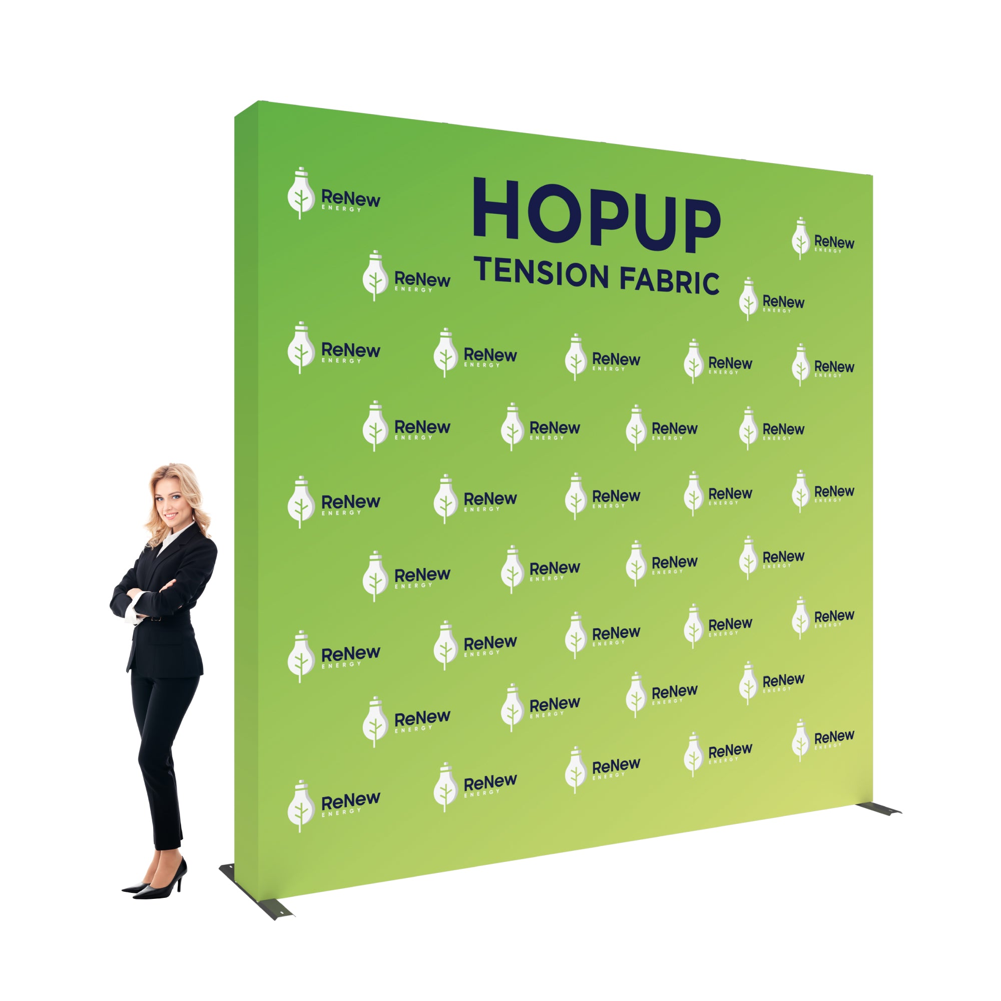 Popup tension fabric display with ReNew Energy branding used for trade shows and exhibitions