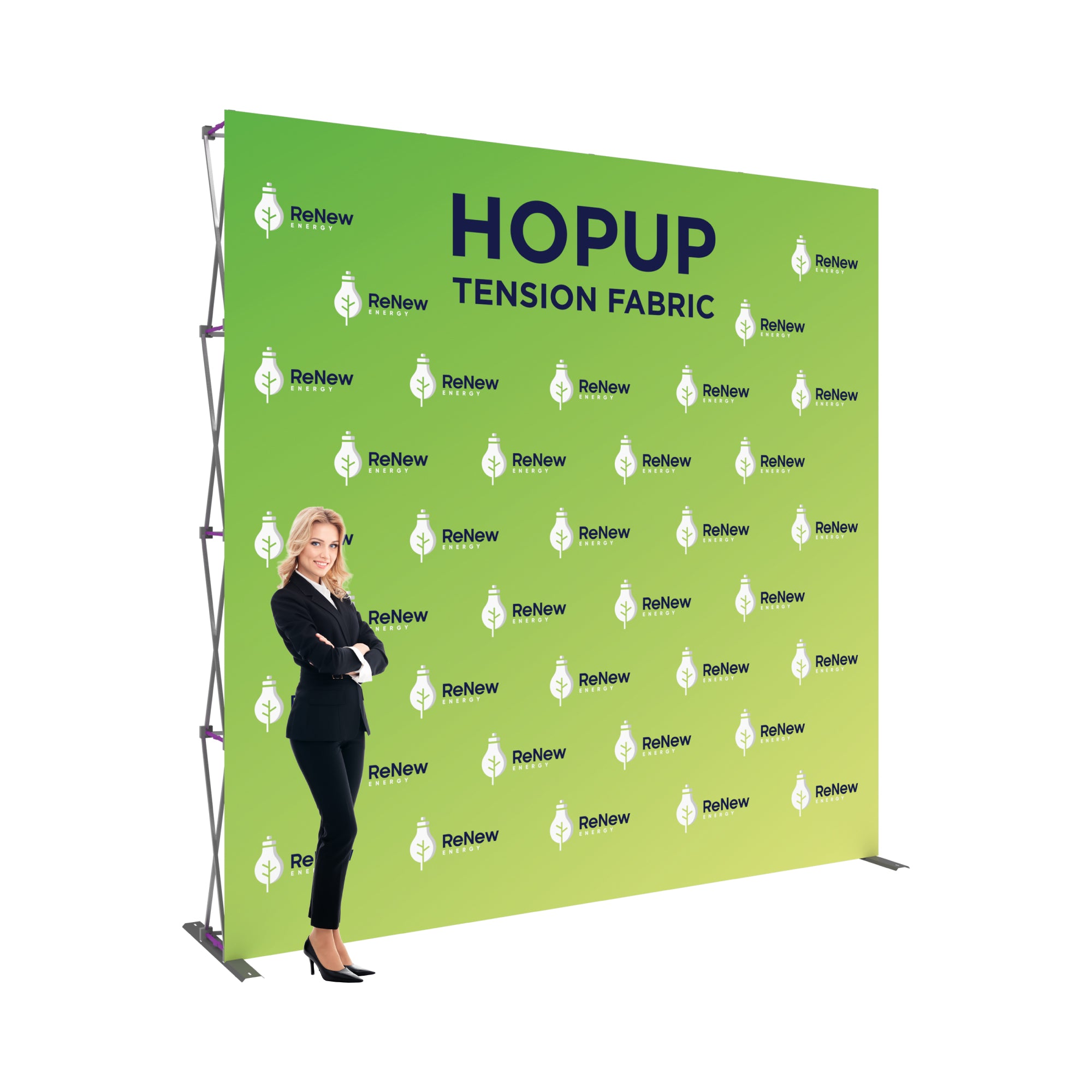 Large hopup tension fabric display with ReNew Energy branding for trade shows and exhibitions