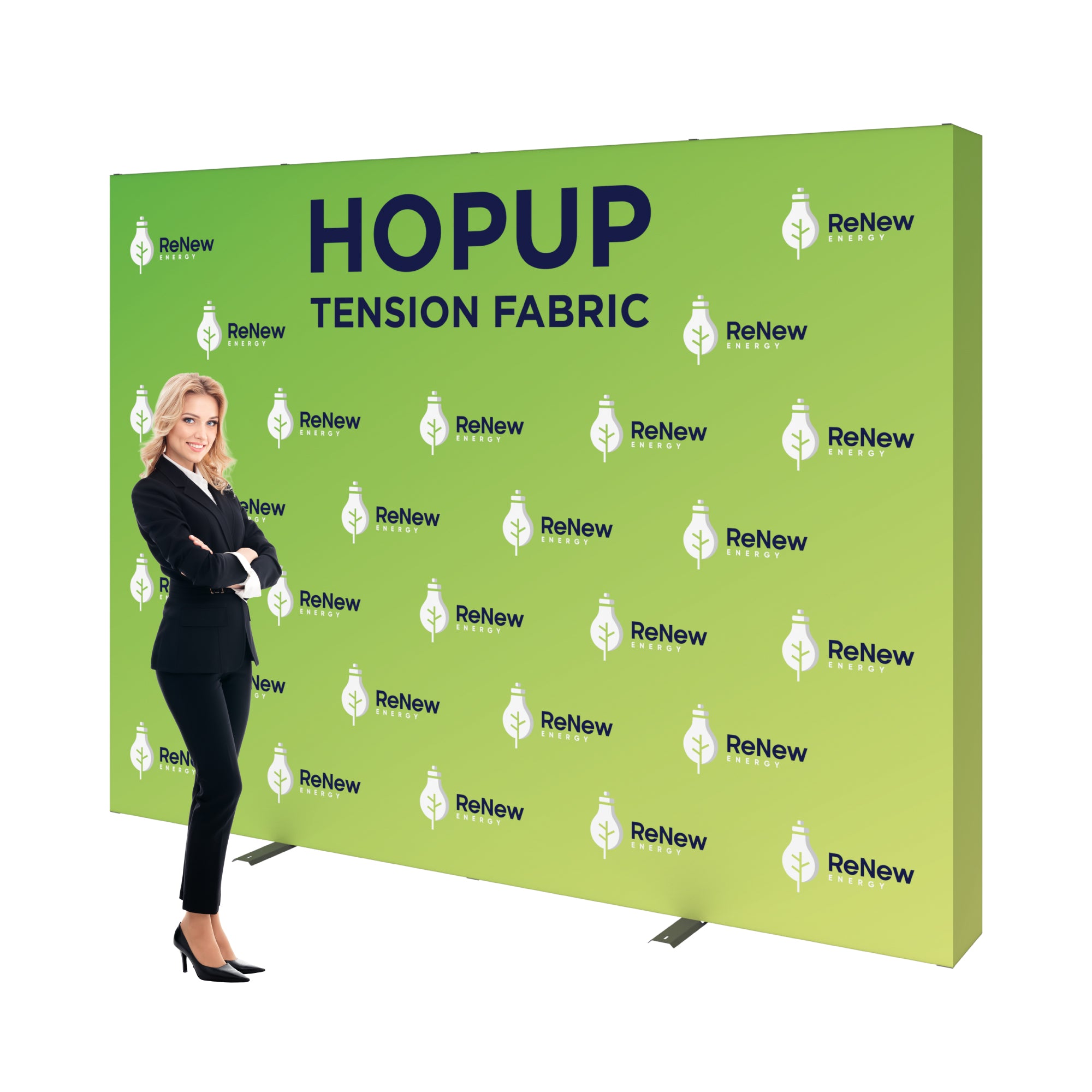 Trade show tension fabric backdrop display with ReNew Energy branding and businesswoman for exhibitions