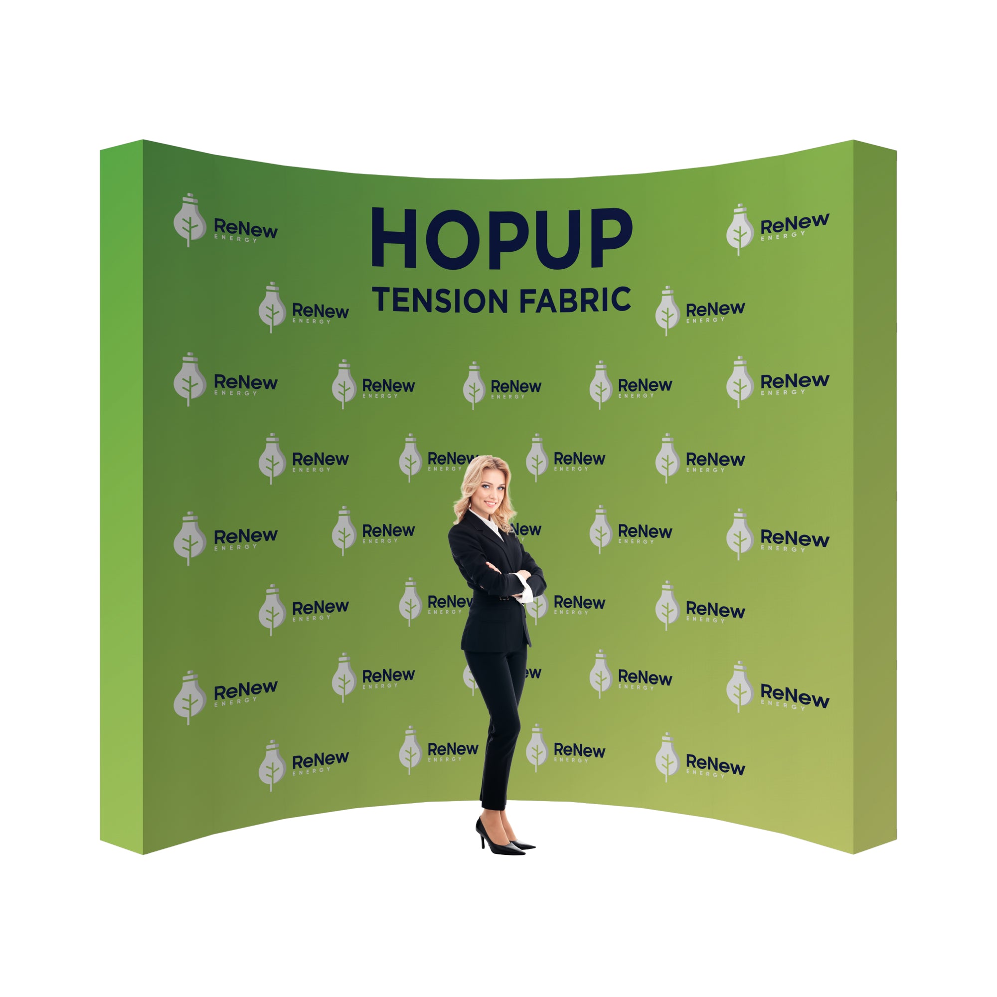 Trade show tension fabric display stand featuring curved backdrop with branded graphics and professional presenter