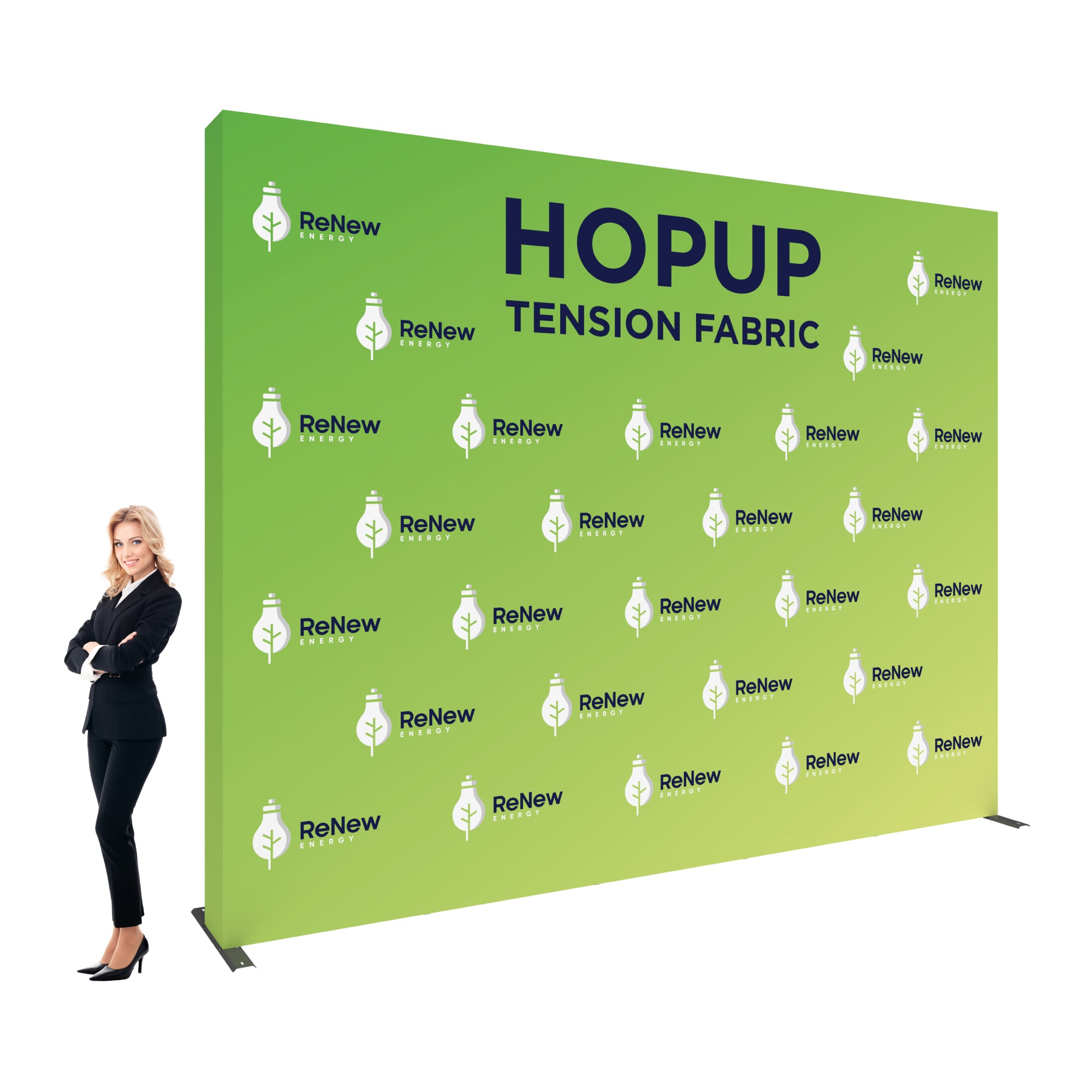 Large tension fabric hopup backdrop with ReNew Energy logos for trade shows and exhibitions