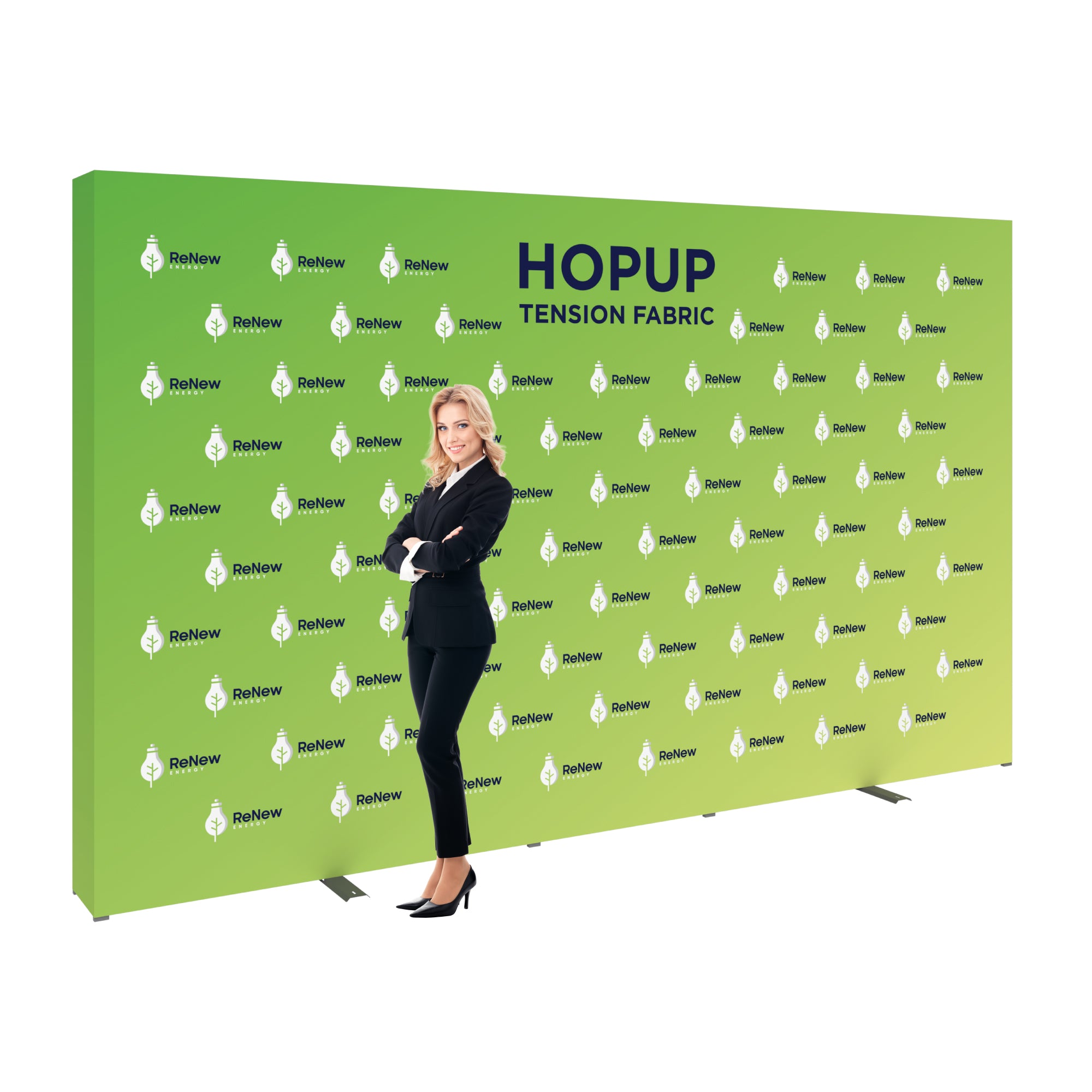 Trade show tension fabric backdrop with branded printing and businesswoman posing in front