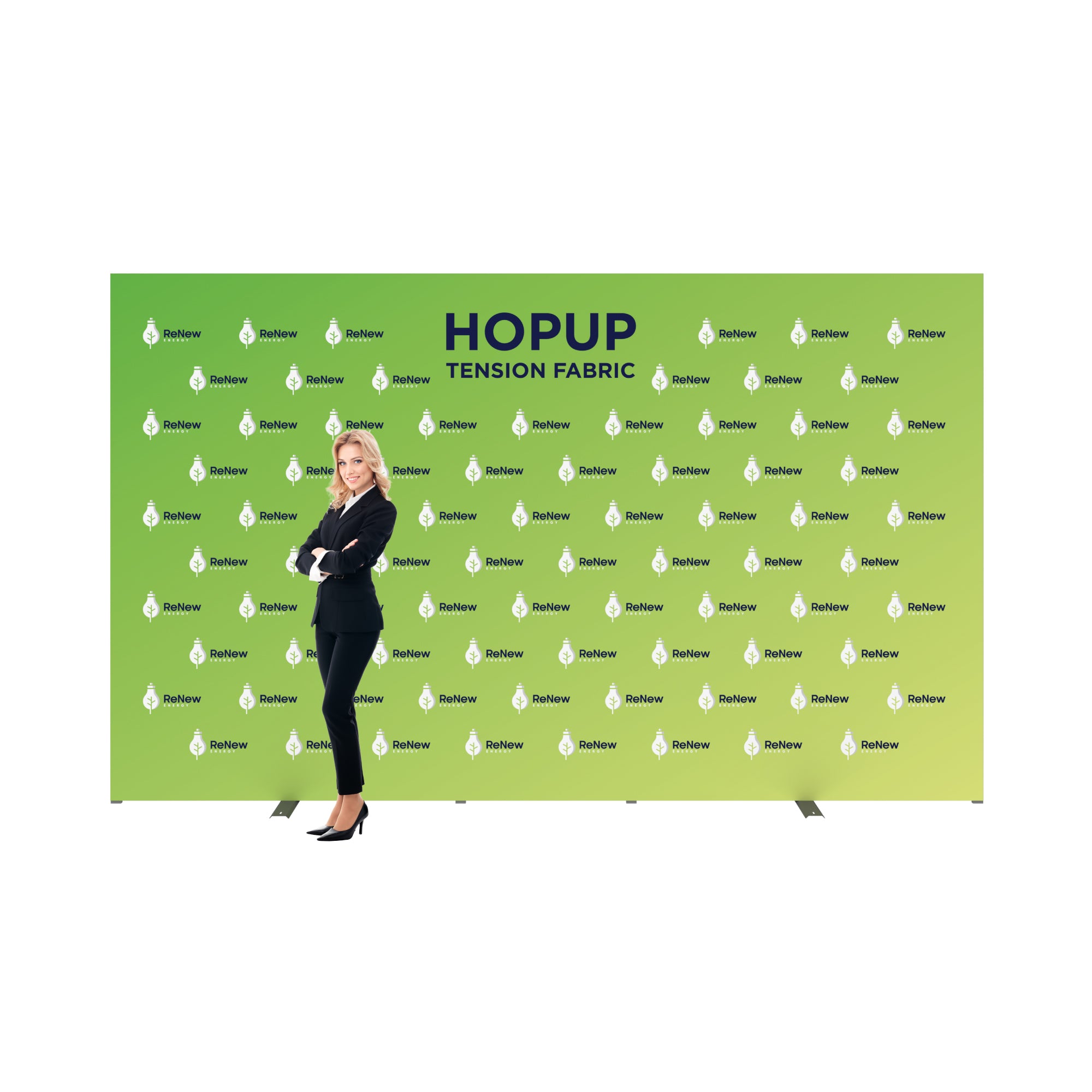Trade show tension fabric backdrop with businesswoman promoting brand at exhibition