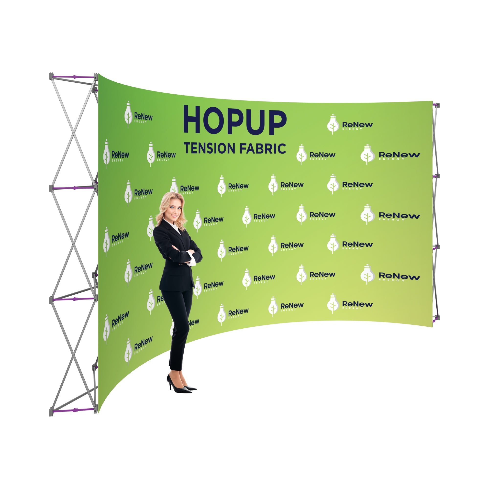 Hopup tension fabric display with branded backdrop for trade shows and exhibitions featuring businesswoman