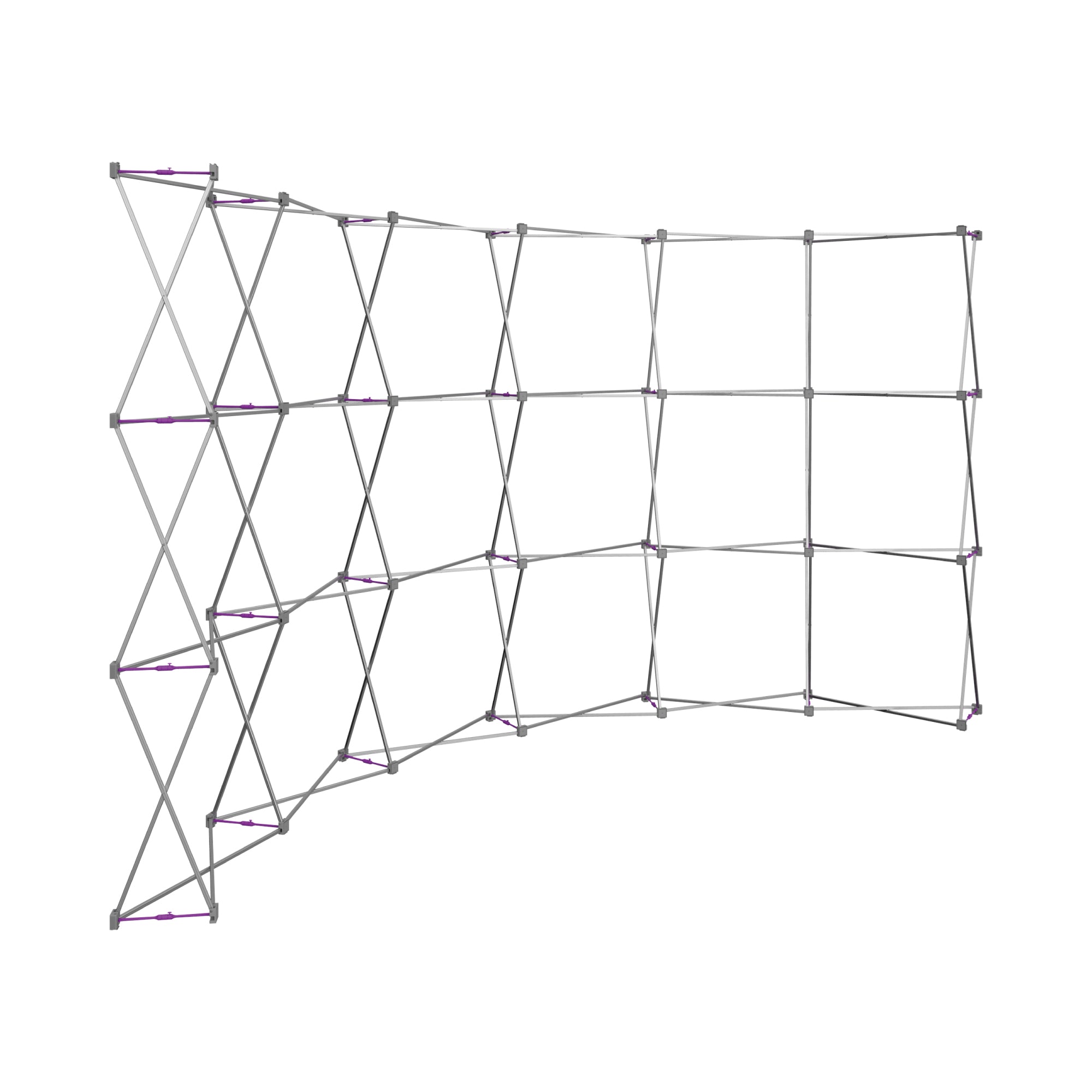 Curved collapsible trade show display frame with interconnected metal supports for exhibitions and events