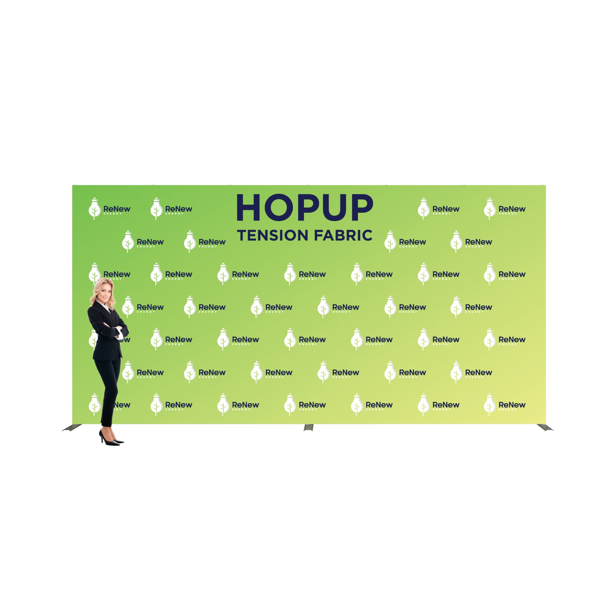 Trade show tension fabric backdrop display with brand logos and promotional text, woman standing beside it