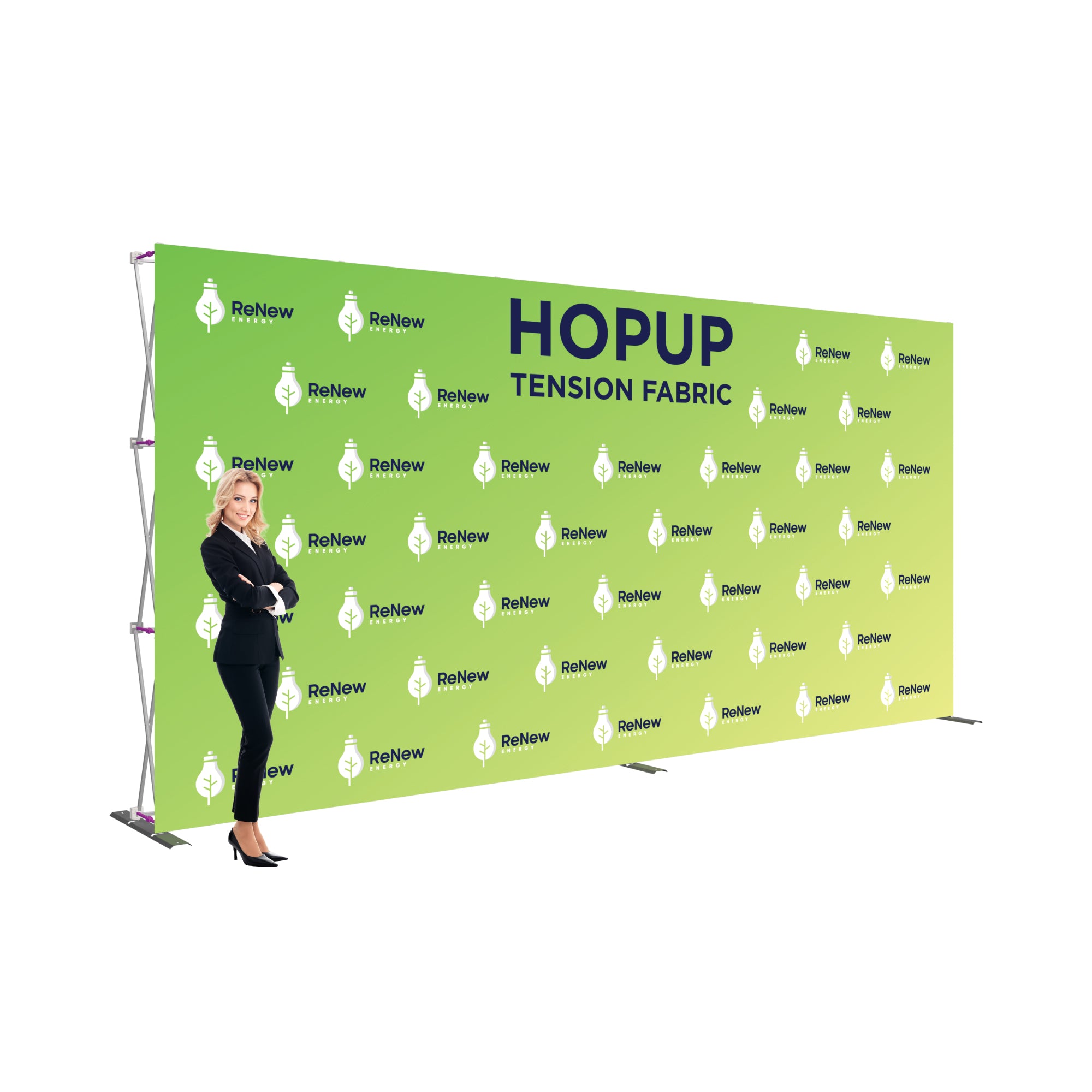 Trade show tension fabric backdrop display with branded logo and professional woman standing