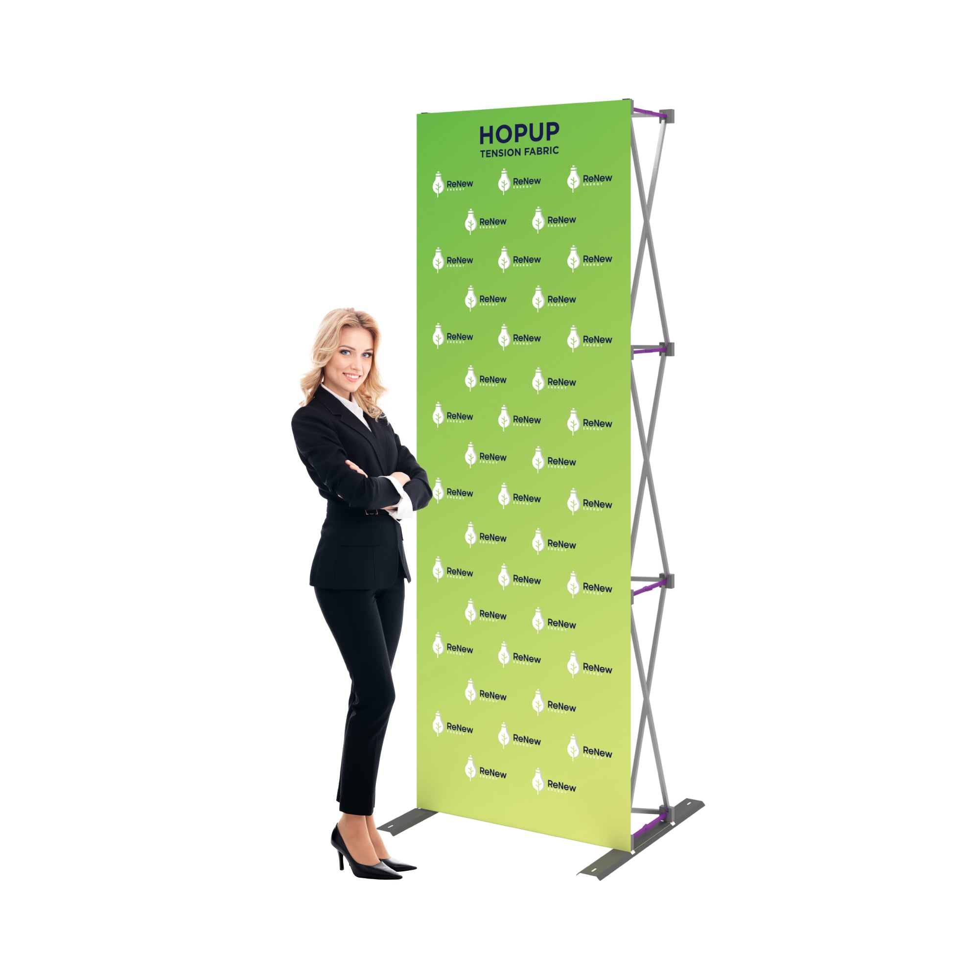 Professional woman standing next to tension fabric popup display for trade shows and exhibitions