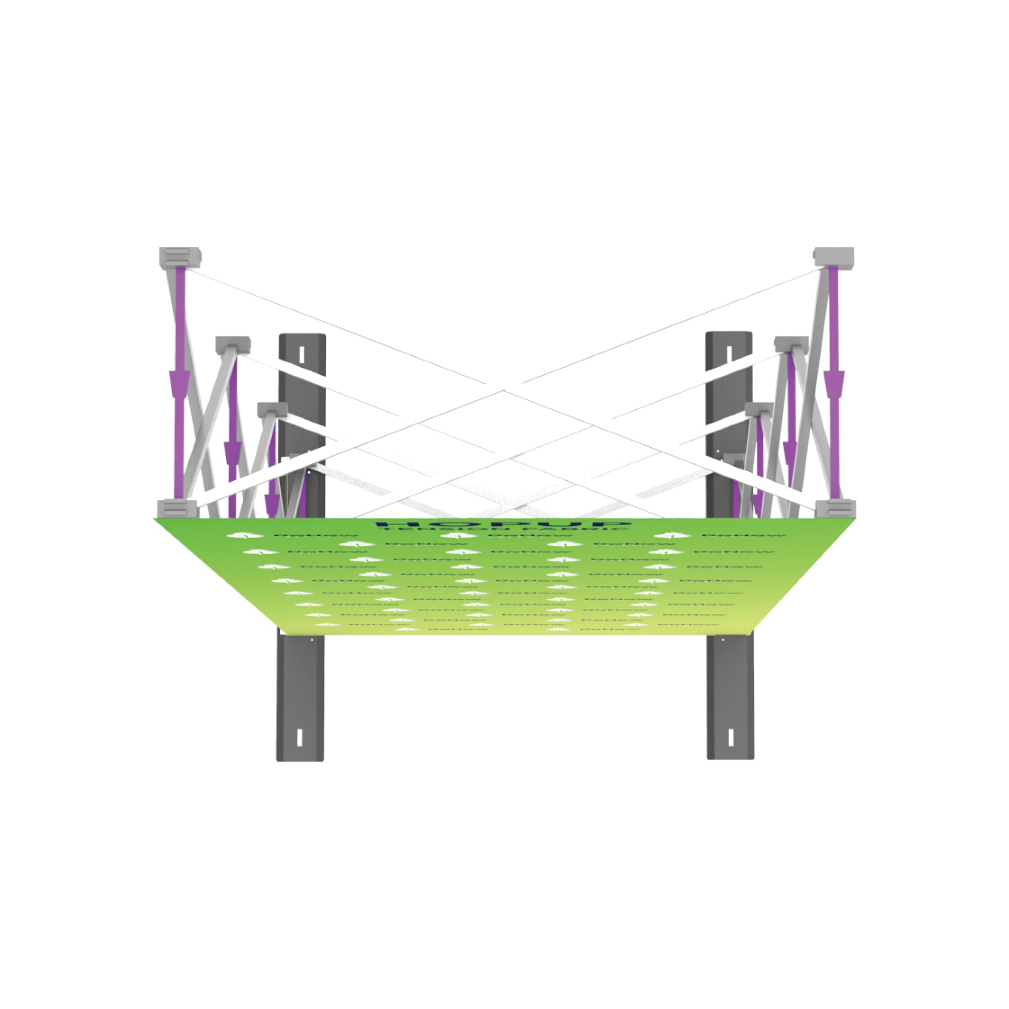 Overhead hanging display system with suspended rectangular panel supported by metal framework for trade shows